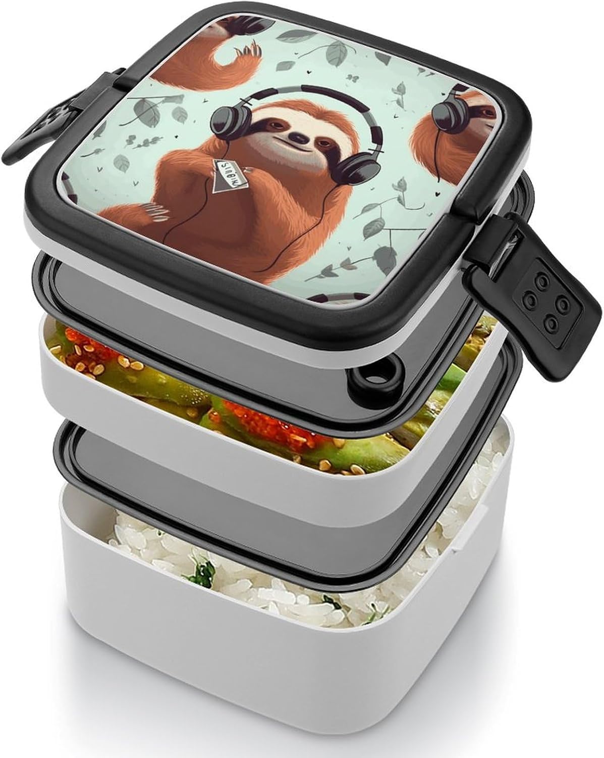 Bento Box Stackable Lunch Box with 2 Compartments Leak-Proof Food Storage Containers Funny Cute Animal Sloth Music Bento Lunch Box for Adults Lunch Containers with Utensil Set image 5