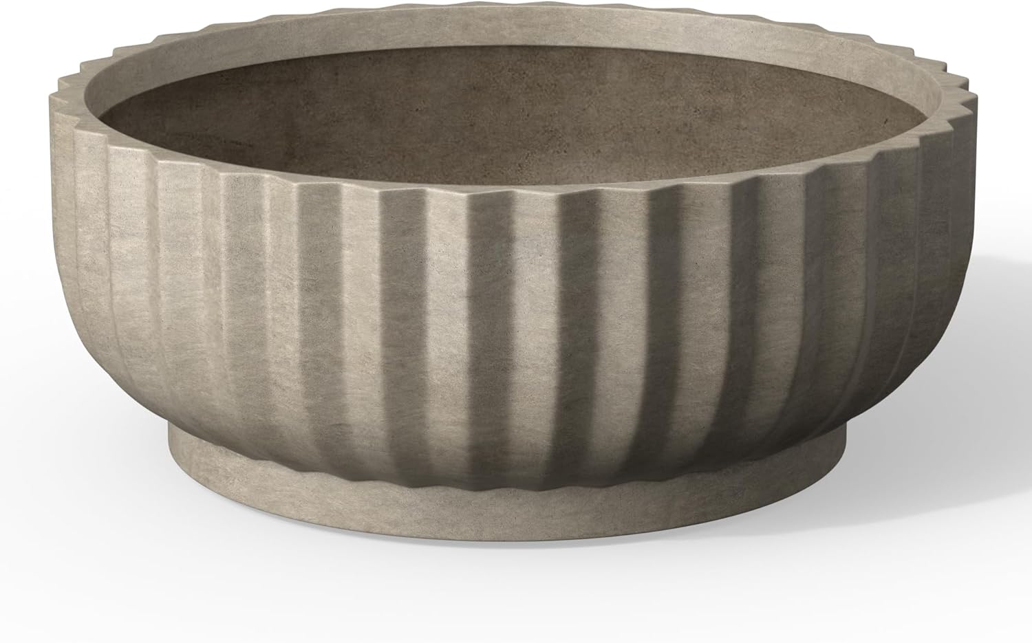 Kante 14.6 Inch Round Fluted Concrete Planter Bowl - Large Flower Pot with Drainage Hole & Rubber Plug for Indoor Outdoor Plants