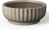 Kante 14.6 Inch Round Fluted Concrete Planter Bowl - Large Flower Pot with Drainage Hole & Rubber Plug for Indoor Outdoor Plants