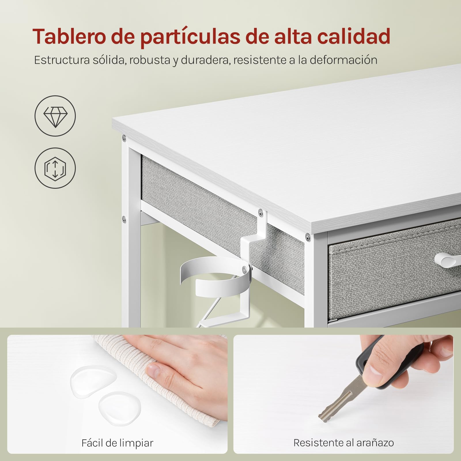 WOLTU Mesa Escritorio con 2 Cajones y 2 Estanterías, Puerto USB Tipo C y Estación de Carga, Portavasos y Gancho, para Estudio y Oficina, 120x51x75 cm, Blanco