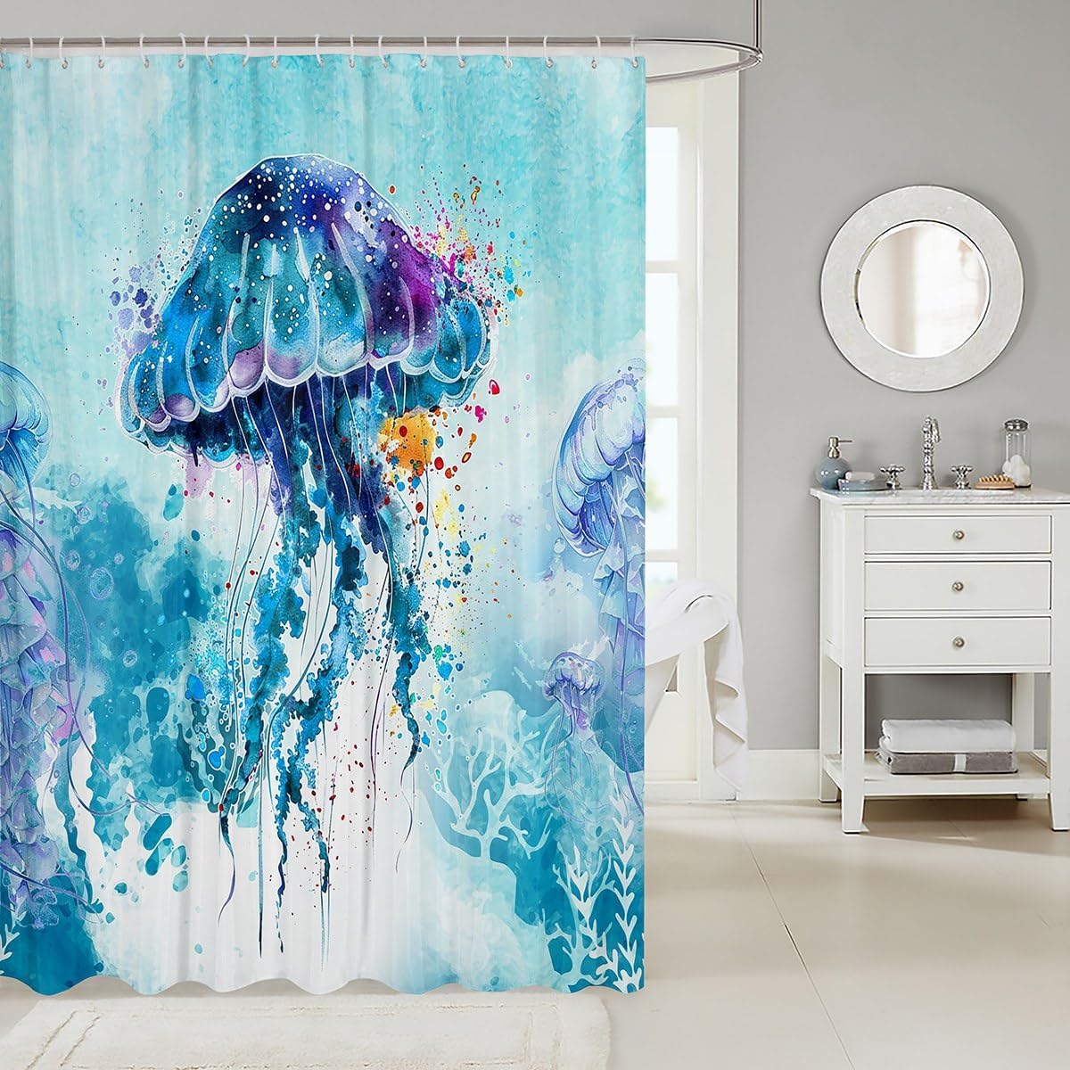 Feelyou Jellyfish Shower Curtain 72"x84" Ocean Bathroom Shower Curtain Set Sea Creature Underwater World Bath Curtain Waterproof Marine Life Sealife Bathroom Accessories Aquatic Animal Polyester