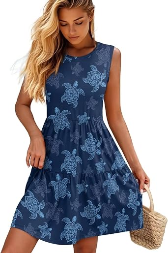 Women Summer Casual Tank Dress Sleeveless Round Neck High Waist A-Line Sundress Flowy Tiered Swing Mini Dress S-5XL