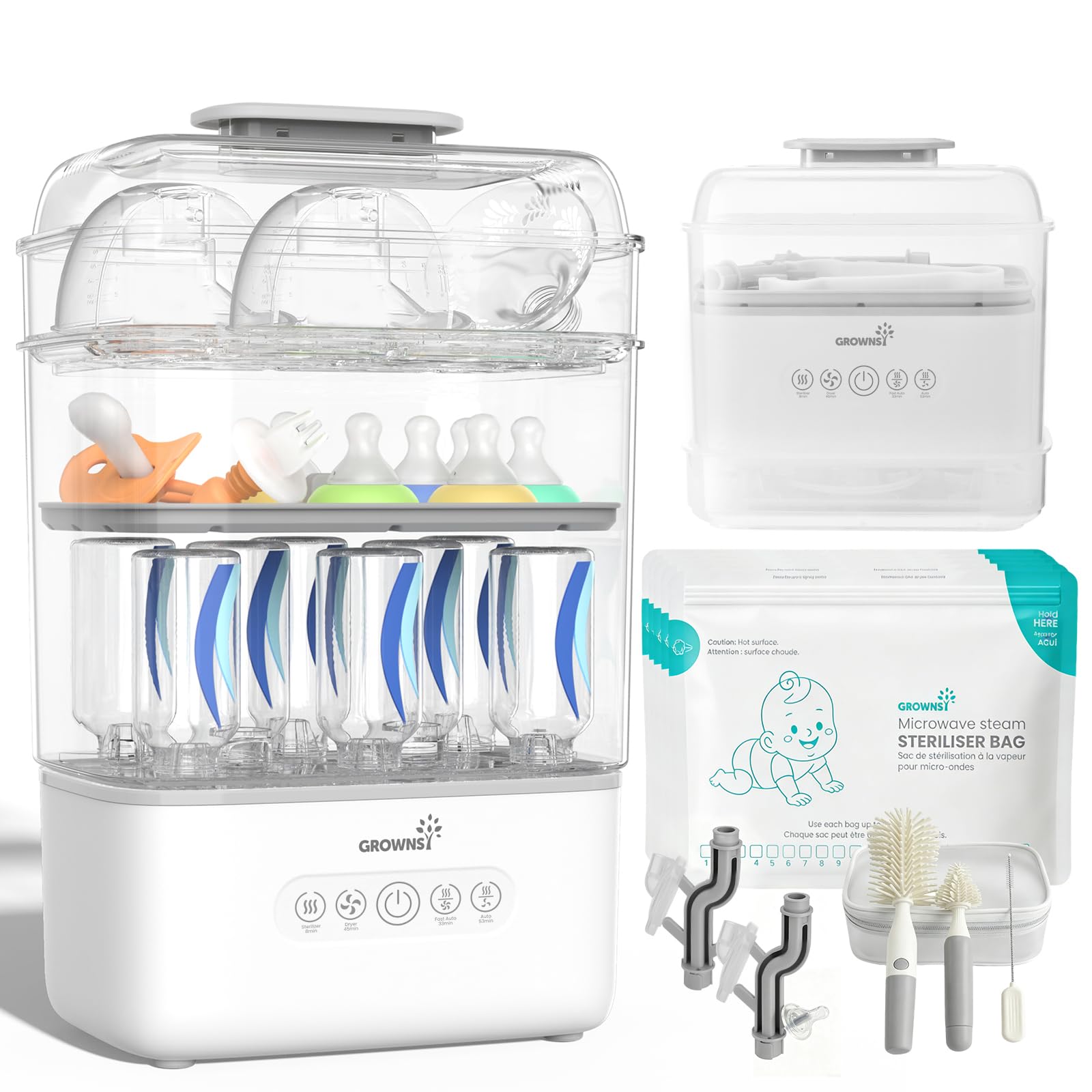 Grownsy 3 Layers Large Baby Bottle Sterilizer and Dryer with Travel Kit | Holds 6 to 10 Bottles and Pump Parts, Nesting Design, Fast Sanitization and Drying, Auto Sterile Storage for All Feed Stages Beige