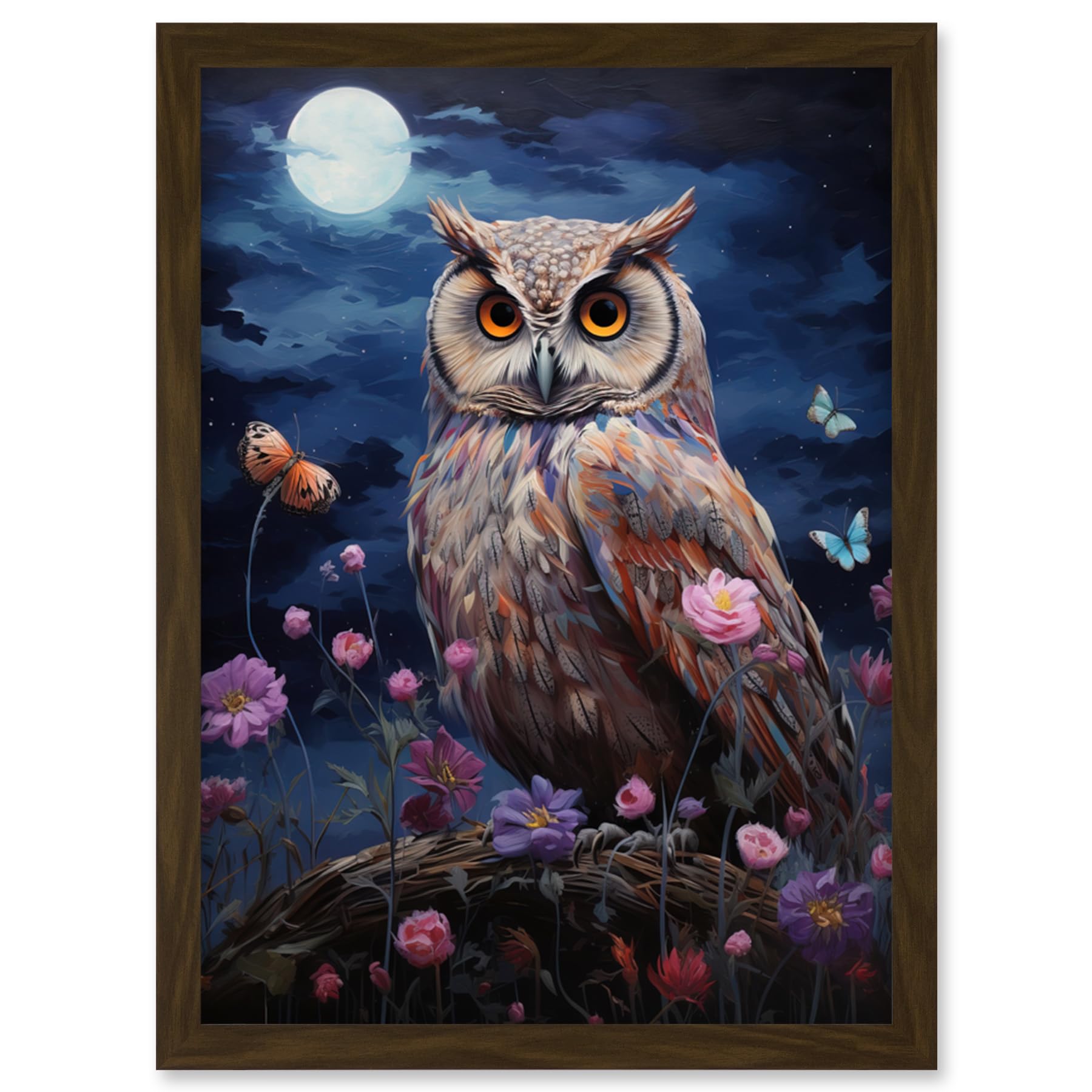 Artery8 Majestic Owl Portrait Oil Painting Great Horned Purple Pink Blue Full Moon in Spring Meadow with Wildflowers Artwork Framed Wall Art Print A4