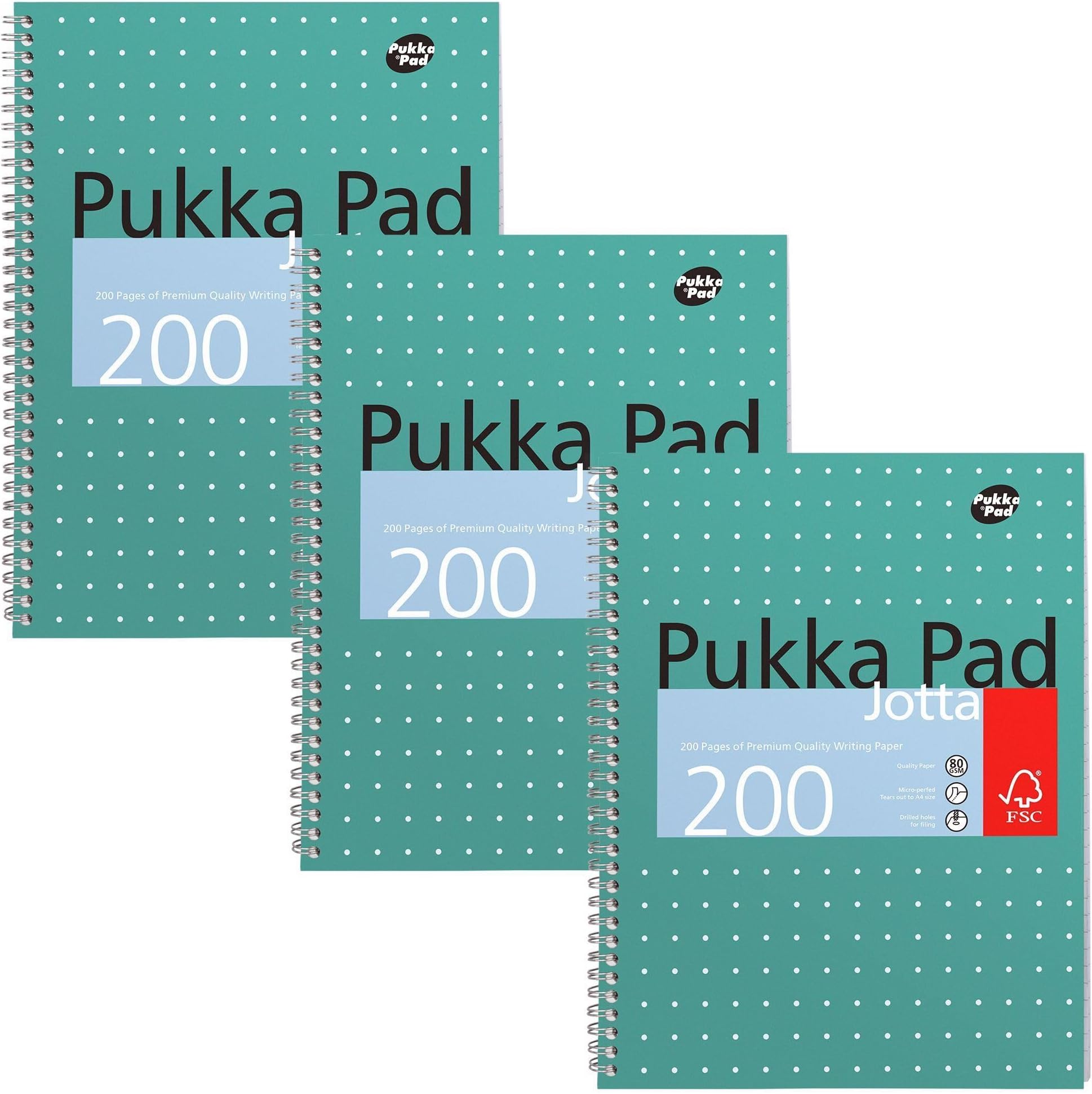 A4 Metallic Jotta Book 3 Pack – 21 x 30cm – Wirebound Notebook with 8mm Lines and 80GSM Paper – Features 4-Hole Punch Margins and Perforated Edges - 200 Pages, Green