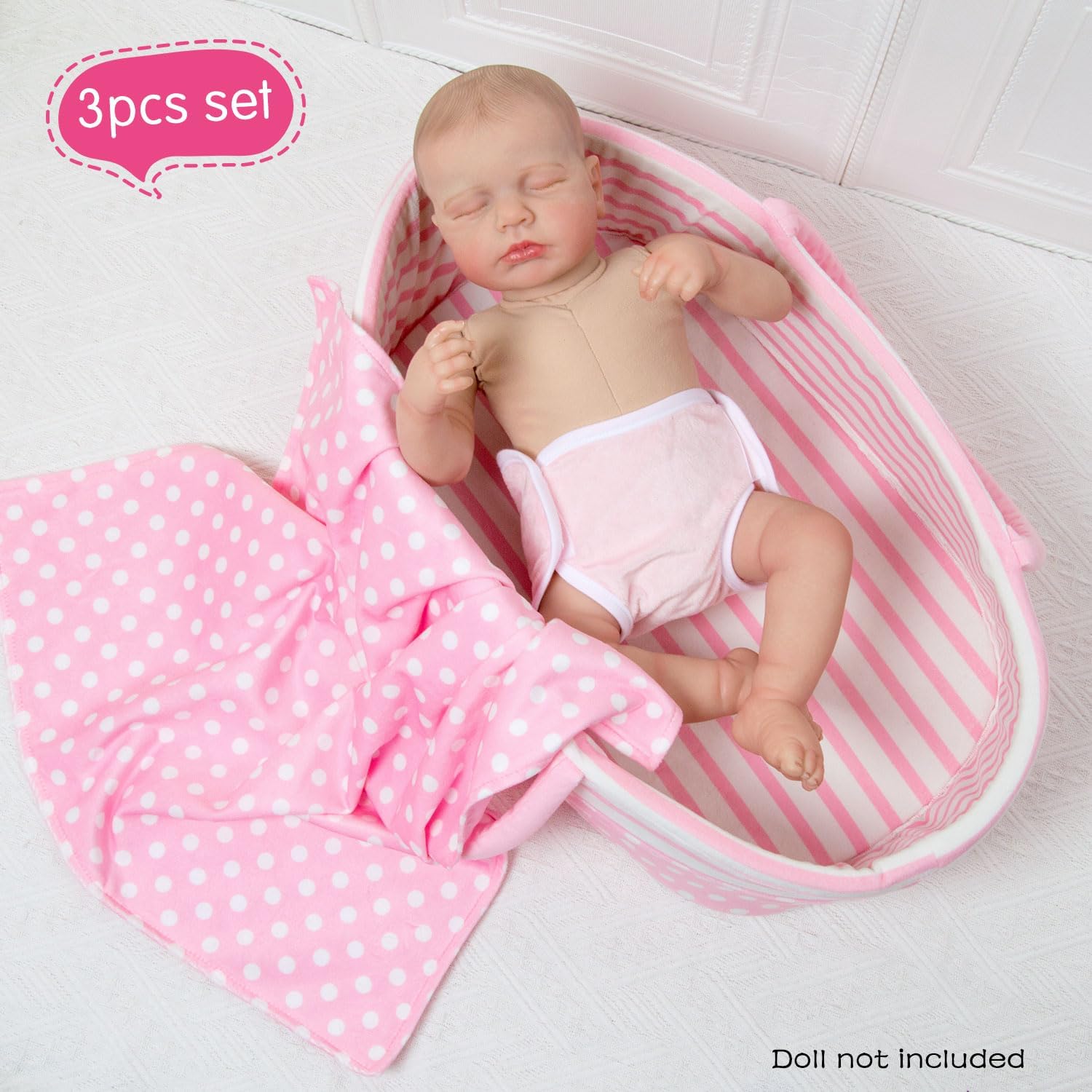 Baby Doll Bassinet with Blanket Diaper 3-Piece for 15-22 Inch Dolls, Thick Reborn Doll Cradle Bed Portable Toddler Doll Basket Carrier for 18-20 Inch Newborn Dolls Accessories Girl Gift