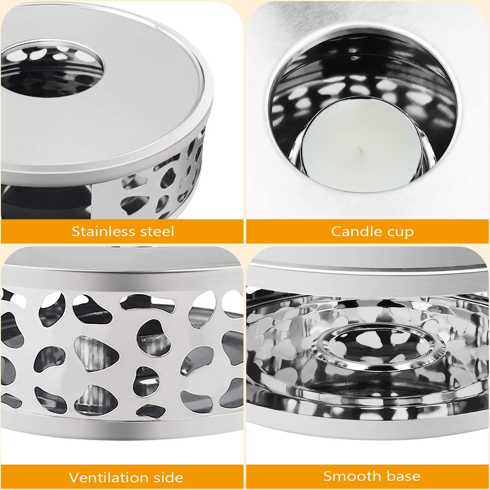 Uootach Calentador de Tetera de Acero Inoxidable con Portavelas, Calentador de Té Calentador de café, Calentador de Base Redonda con candelabro, Ahuecar Aislamiento, Apto para teteras y cafeteras