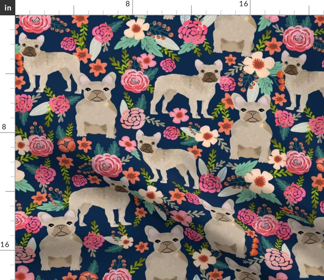 Spoonflower Fabric - French Bulldog Floral Fawn Frenchie Large Dogs Flowers Navy Pet Printed on Petal Signature Cotton Fabric by The Yard - Sewing Quilting Apparel Crafts Decor