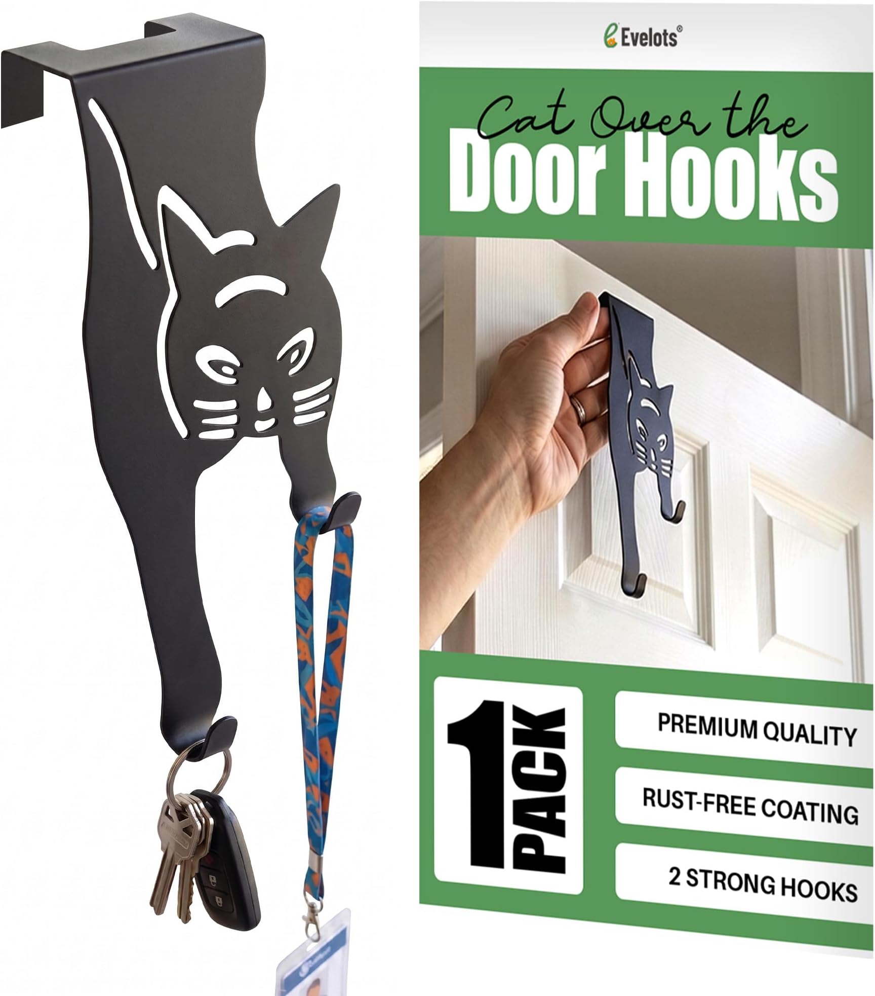 Evelots Cat Over The Door Hooks for Hanging - Black - Over The Door Organizer - Strong Metal Hooks