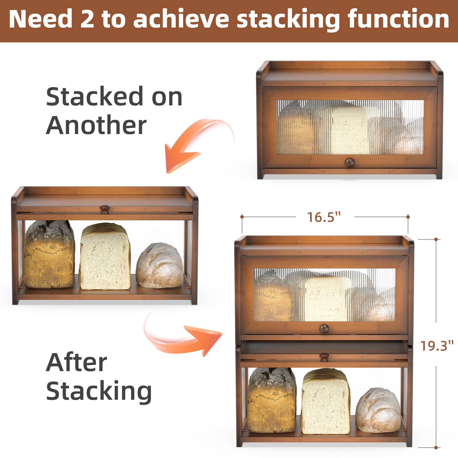 BAMBANG Panera de bambú para encimera de cocina, contenedor de almacenamiento de pan de gran capacidad, caja de pan de granja con 3 lados ondulados y ventana trasera transparente, soporte para panera