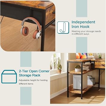 CAIYUN L Shaped Computer Desk with 2 Drawers, 100CM Office Corner Desk with 2 Storage Shelves, Working Table Study Table for Home Office Desk, Brown