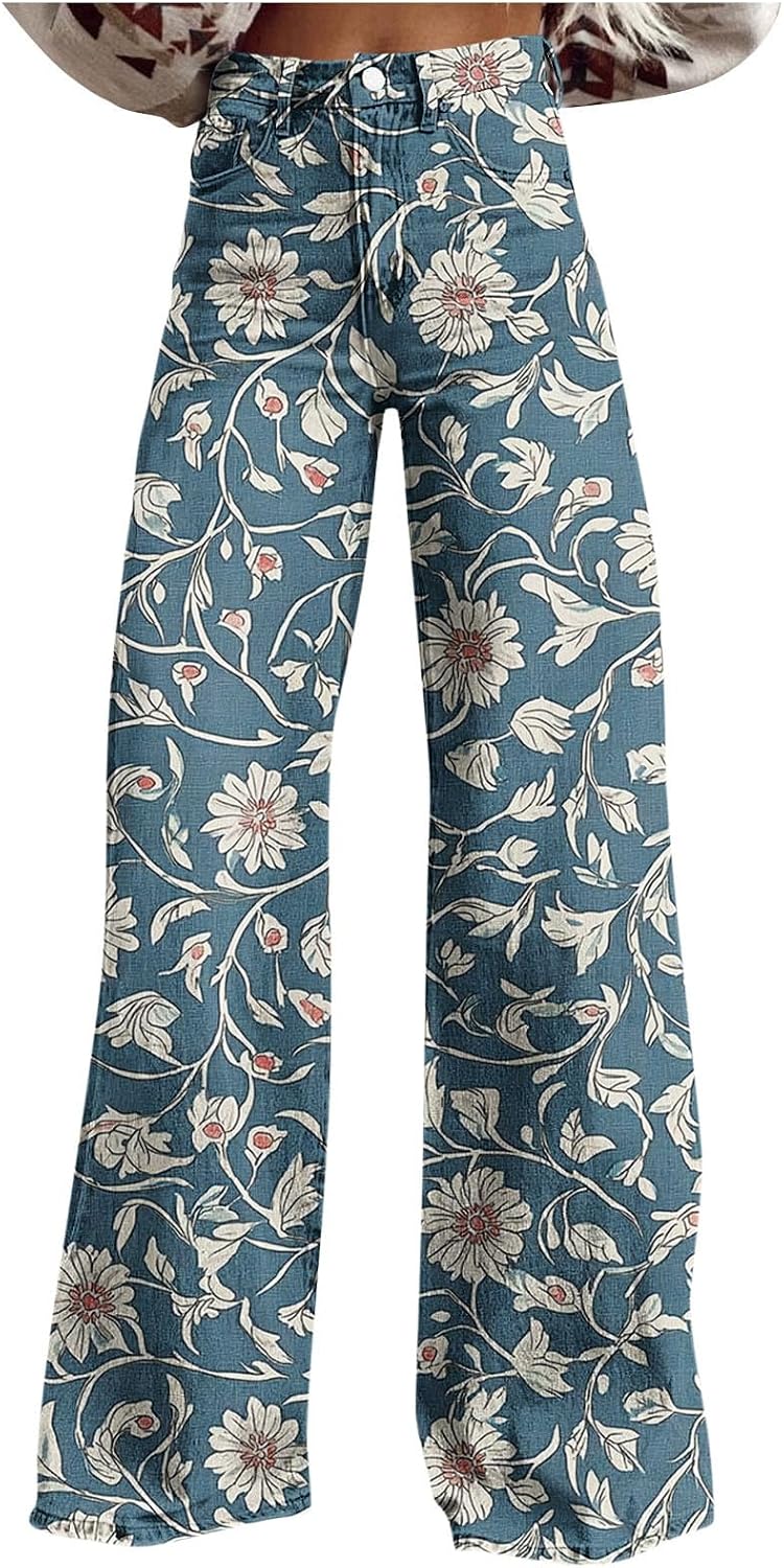 Womens Vintage Floral Wide Leg Flare Denim Pants Retro Street Style