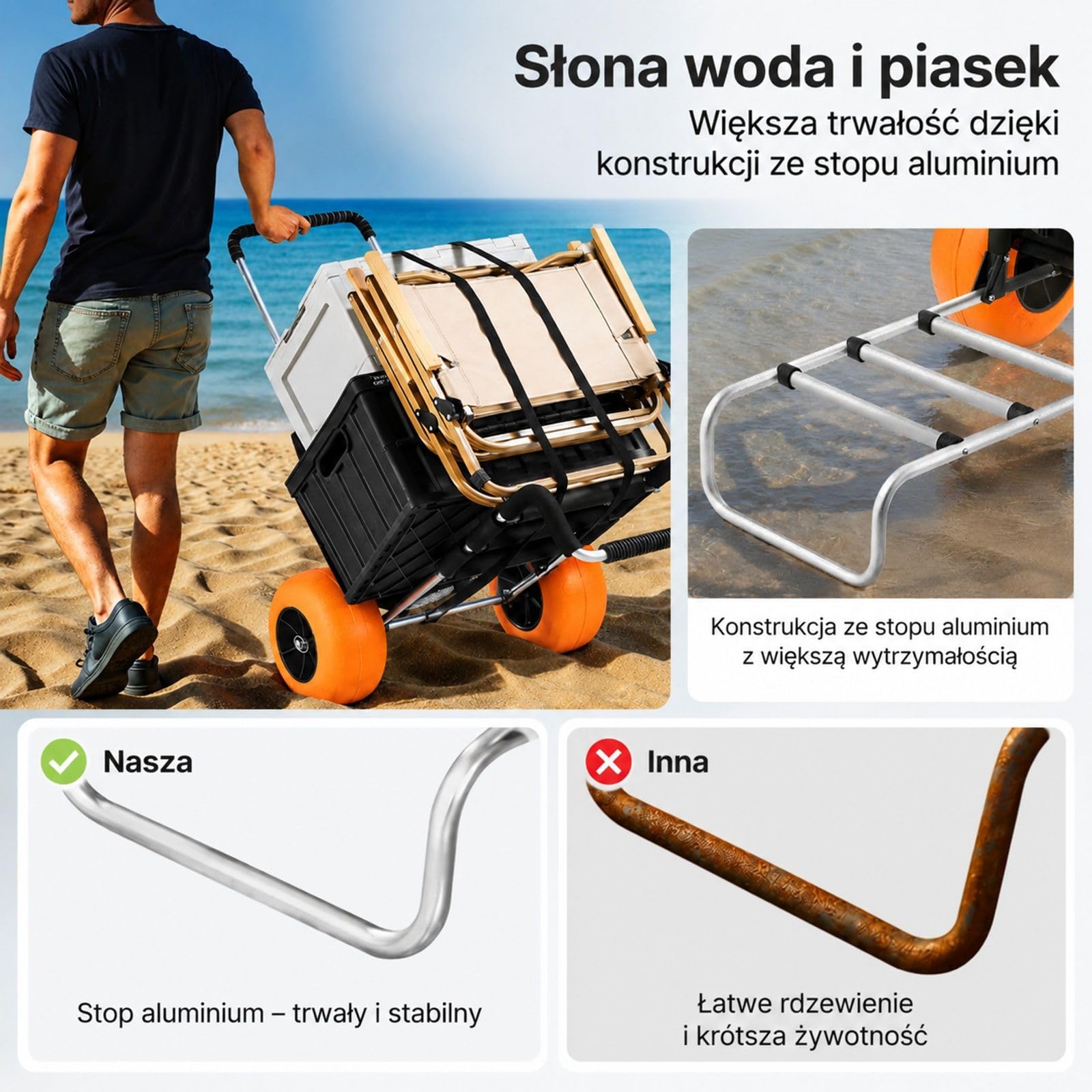 Składany wózek plażowy z aluminium, regulowany uchwyt, duże koła i platforma ładunkowa do pia ogrodu