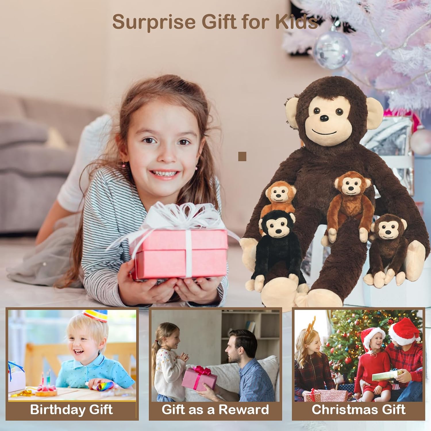 5 PCS Monkey Stuffed Animal, Large Huggable Stuffed Monkey Plush Toy with 4 Baby Monkeys for Kids, Hanging Monkeys Plushies Gifts for Boys Girls Easter Christmas Birthday Jungle Forest Party Decor