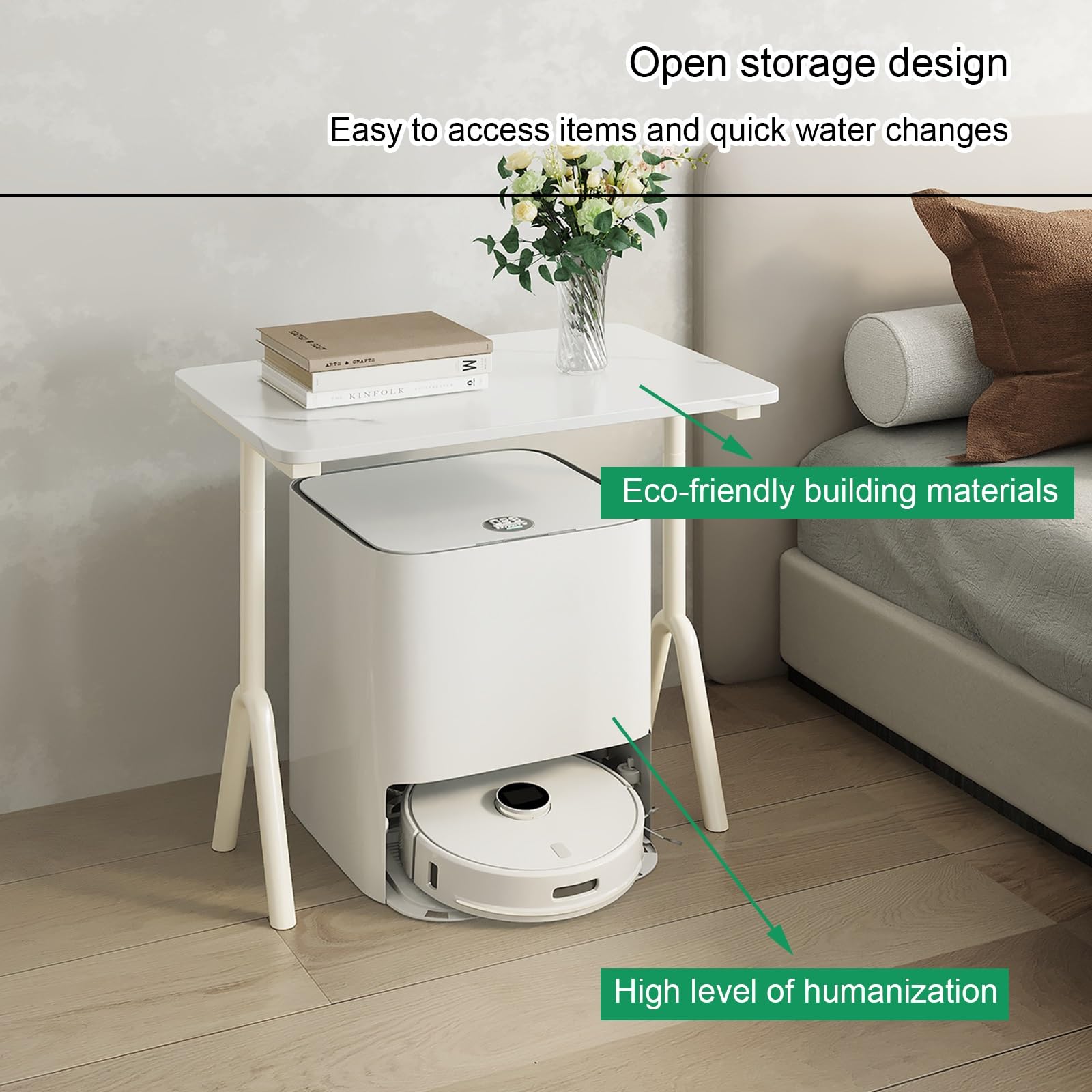 Roboter-Staubsauger-Aufbewahrungsschrank, multifunktionaler Organizer mit Holzplatte und Stahlrahmen, Sweeping Display Regal für effiziente Platzersparnis und Wasserwechsel