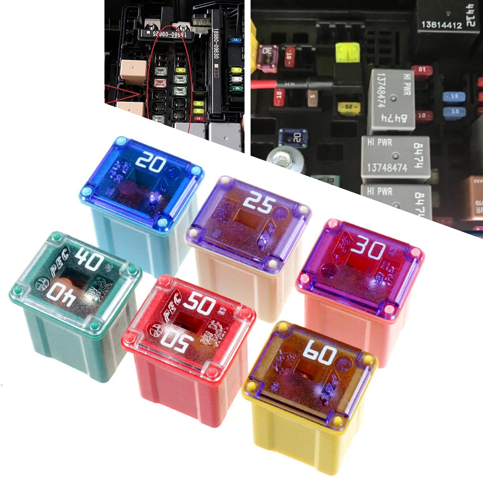 6 PCS Car Cigarette Lighter Fan Fuse Kit, 20A 25A 30A 40A 50A 60A Six Specifications 32V Color Coded Square Blade Fuse, Universal Portable Car Truck Multi-Function Fuse (Multicolored)