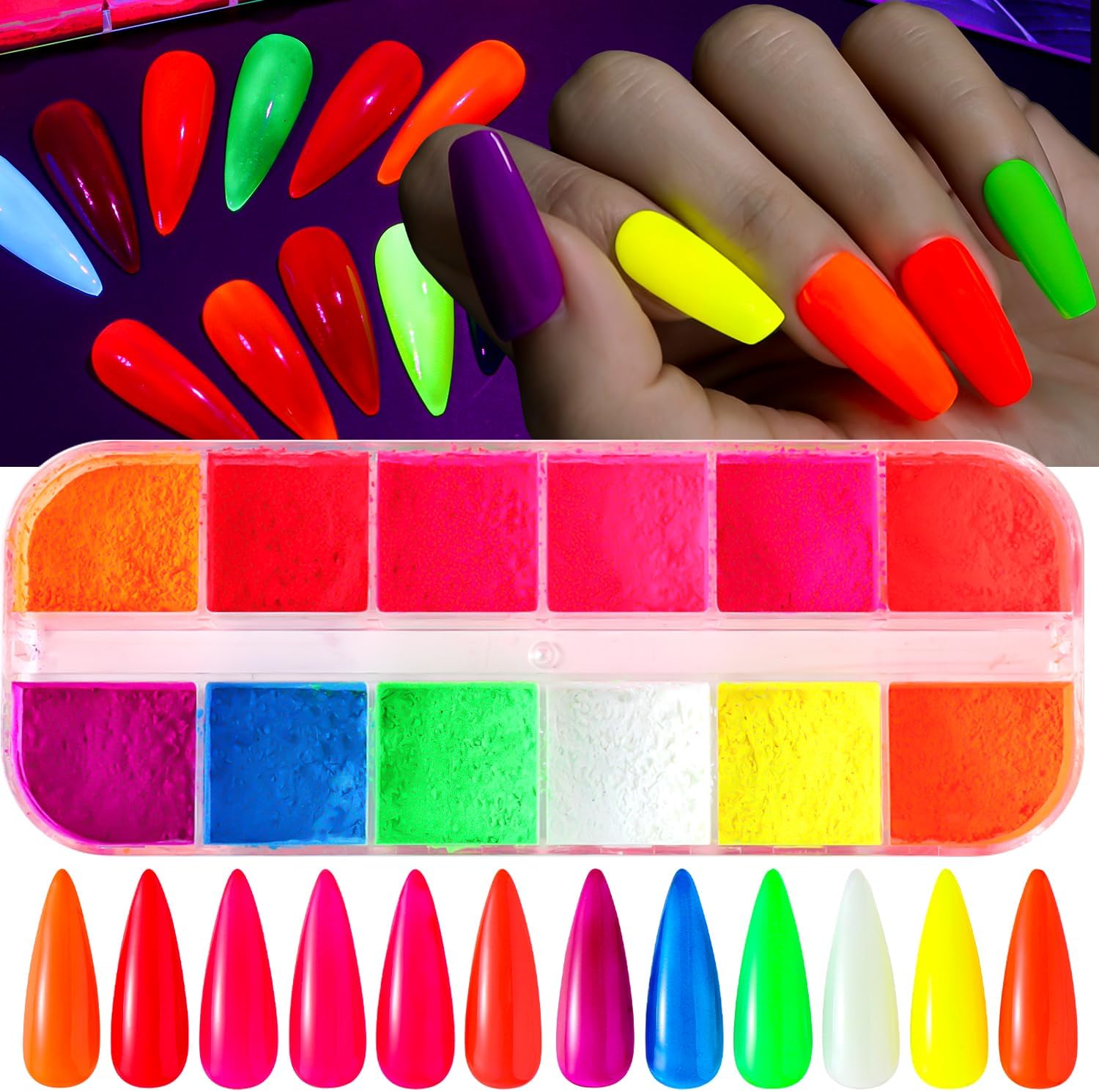 Neon Pigment Powder for Nails, 12 Fluorescent Rainbow Colors Nail Pigment