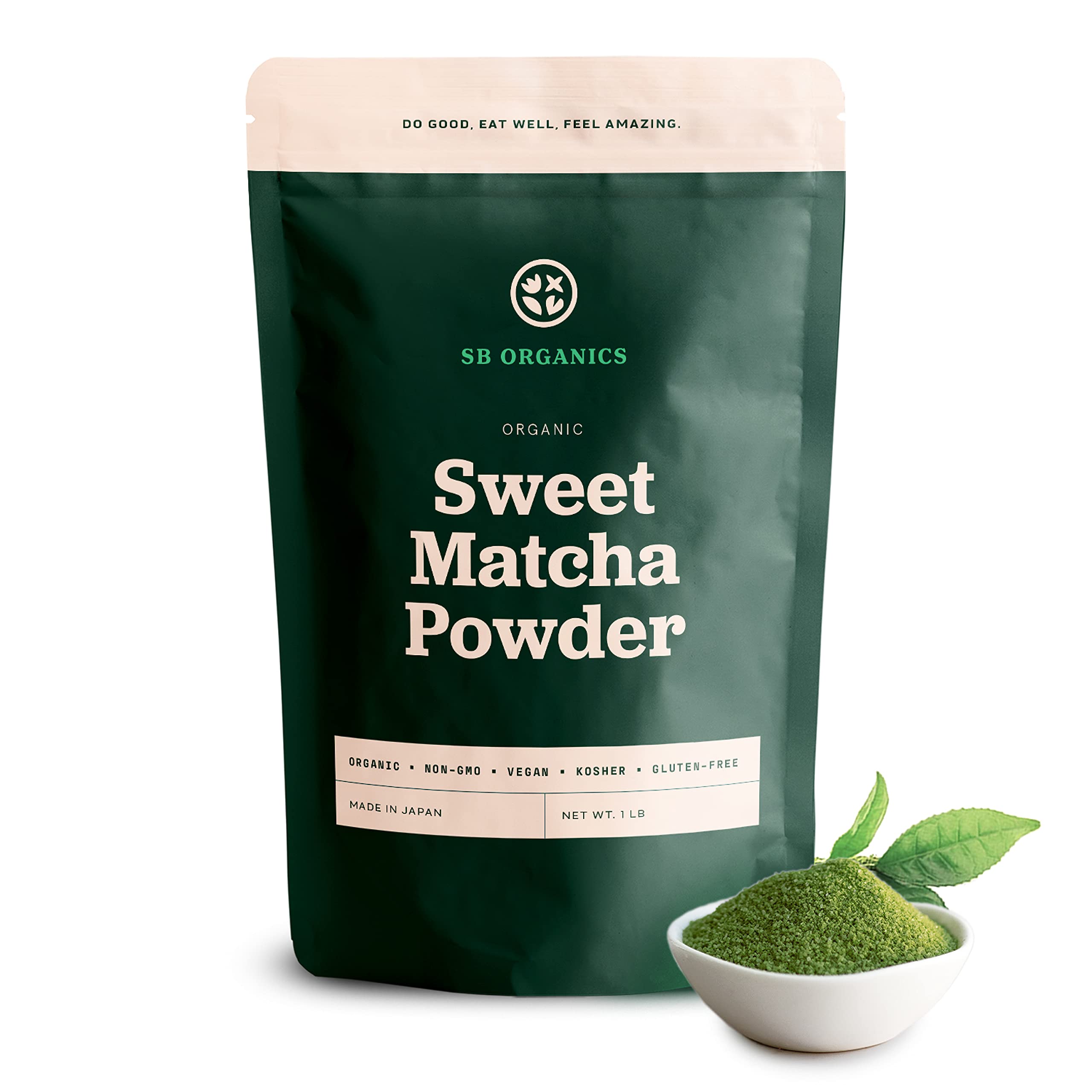 Sun Bay Foods Sweet Matcha Powder - 1 lb Bag of Organic Non-GMO Vegan Ceremonial Grade Sweetened Matcha Green Tea Powder from Uji, Japan - Free of Gluten, Dairy, and Soy