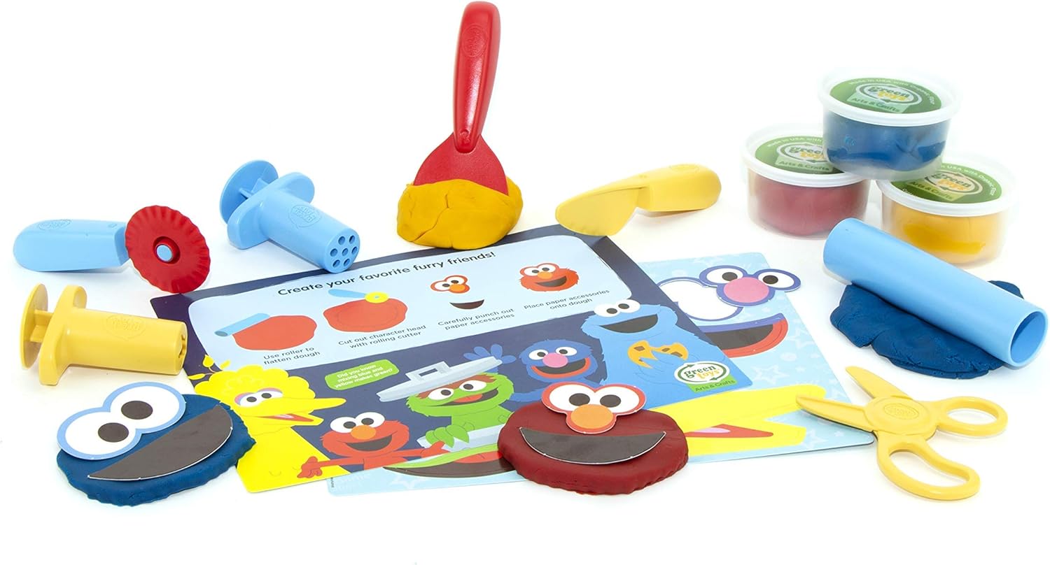 Green Toys Sesame Street Elmo & Friends Dough Activity Set - 12 Piece Pretend Play, Motor Skills, Creative Arts & Crafts Kids Toy Set. No BPA, phthalates, PVC. Dishwasher Safe Recycled Plastic Tools, Organic Dough, Made in the USA.