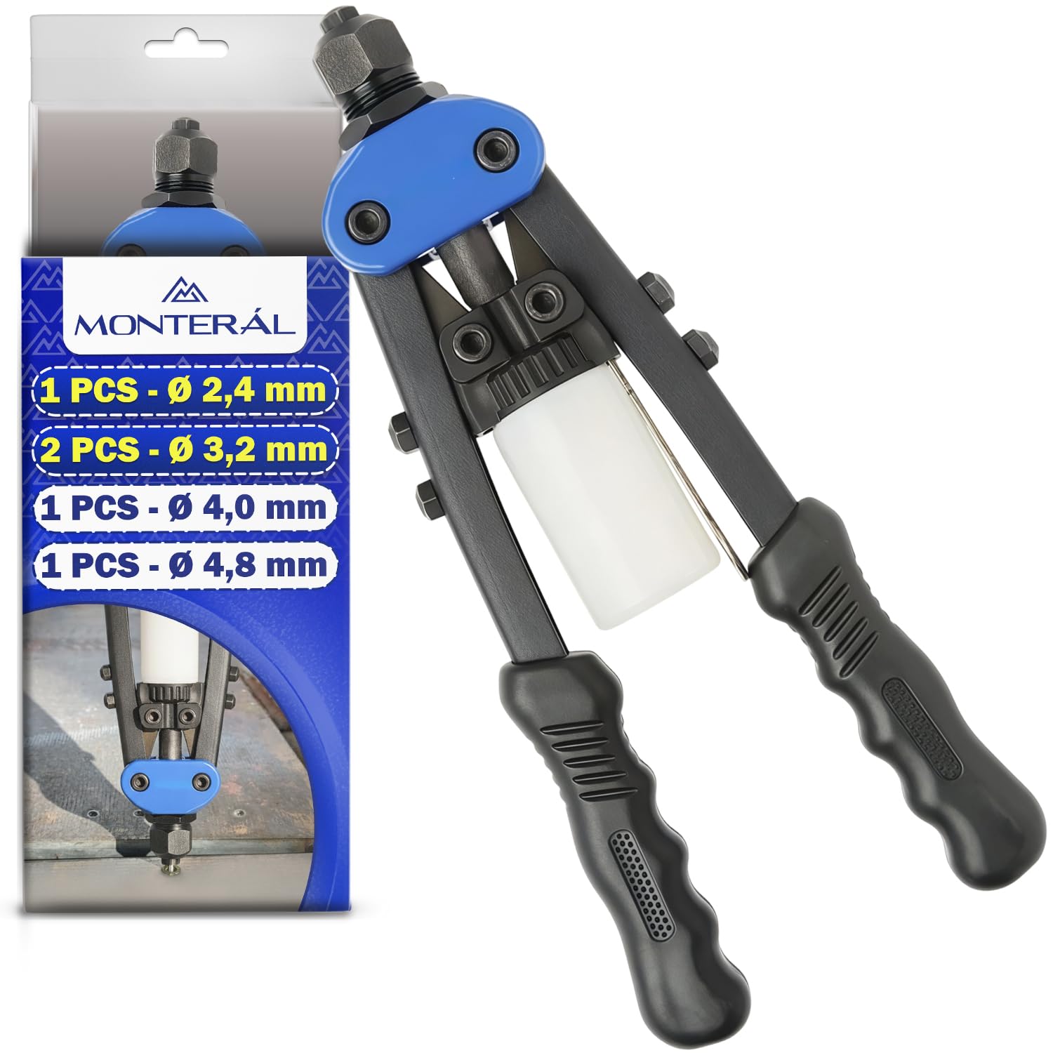 Remachadora Manual con Boquillas 1 Ud Ø 2,4 mm 2 Ud Ø 3,2 mm 1 Ud Ø 4,0 mm 1 Ud Ø 4,8 mm - Pistola de Remaches Diseñada para Remache de Aluminio y Acero - MONTERAL