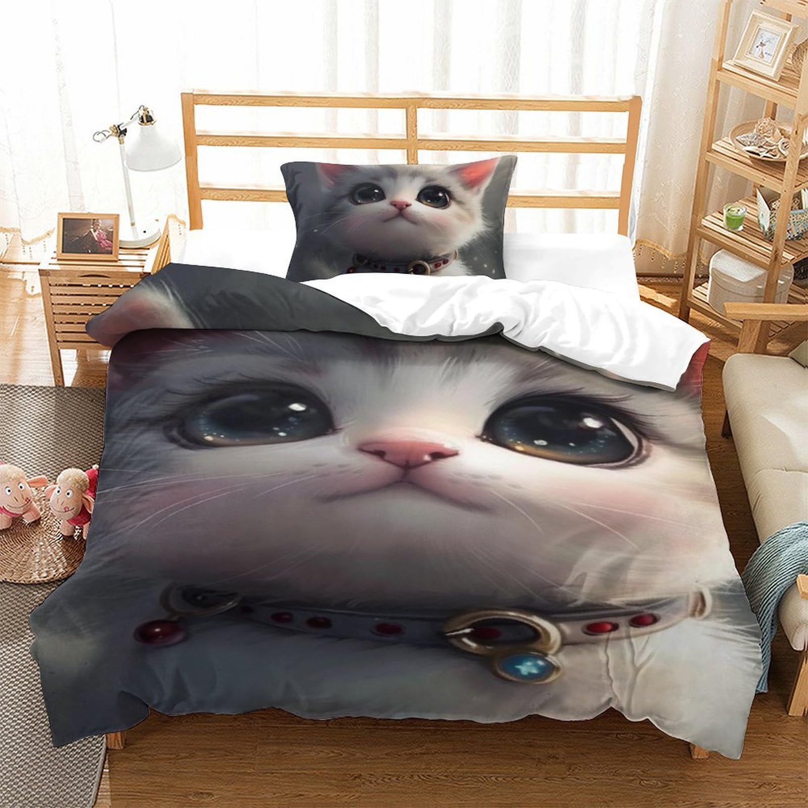 Housse de couette chat 3D 135x200cm en microfibre avec deux taies d'oreiller pour lit simple