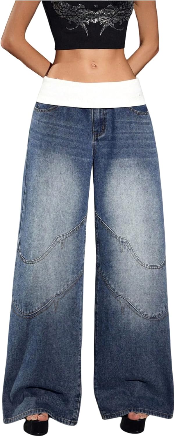 Verdusa Women's Grunge Fold Over Pants Wide Leg Baggy Jeans with Pockets Blue 30