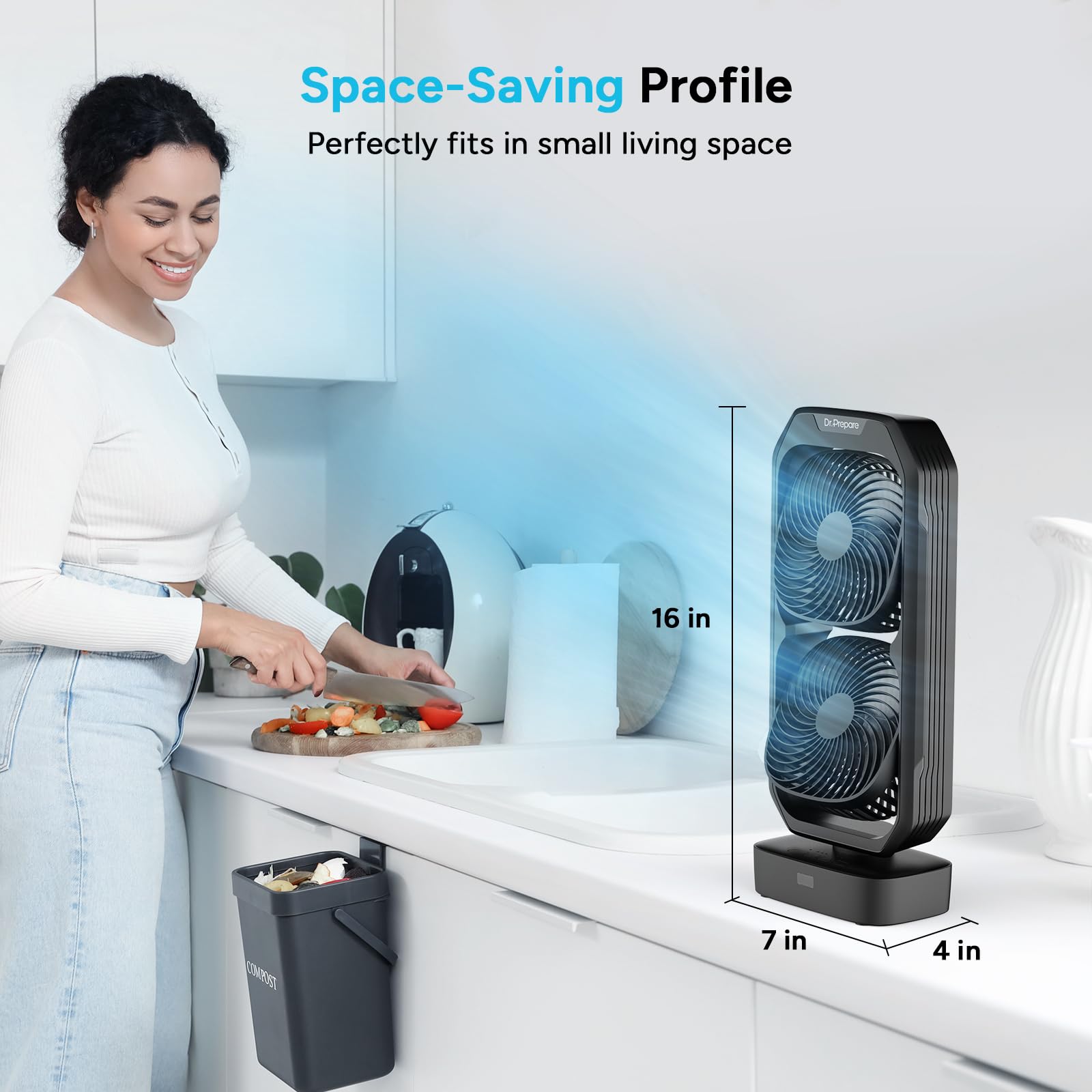 DR.PREPARE Piccolo ventilatore a torre oscillante con telecomando, ventilatore da scrivania alimentato a batteria ricaricabile per camera da letto, inclinazione di 250°, timer 8 ore, 3