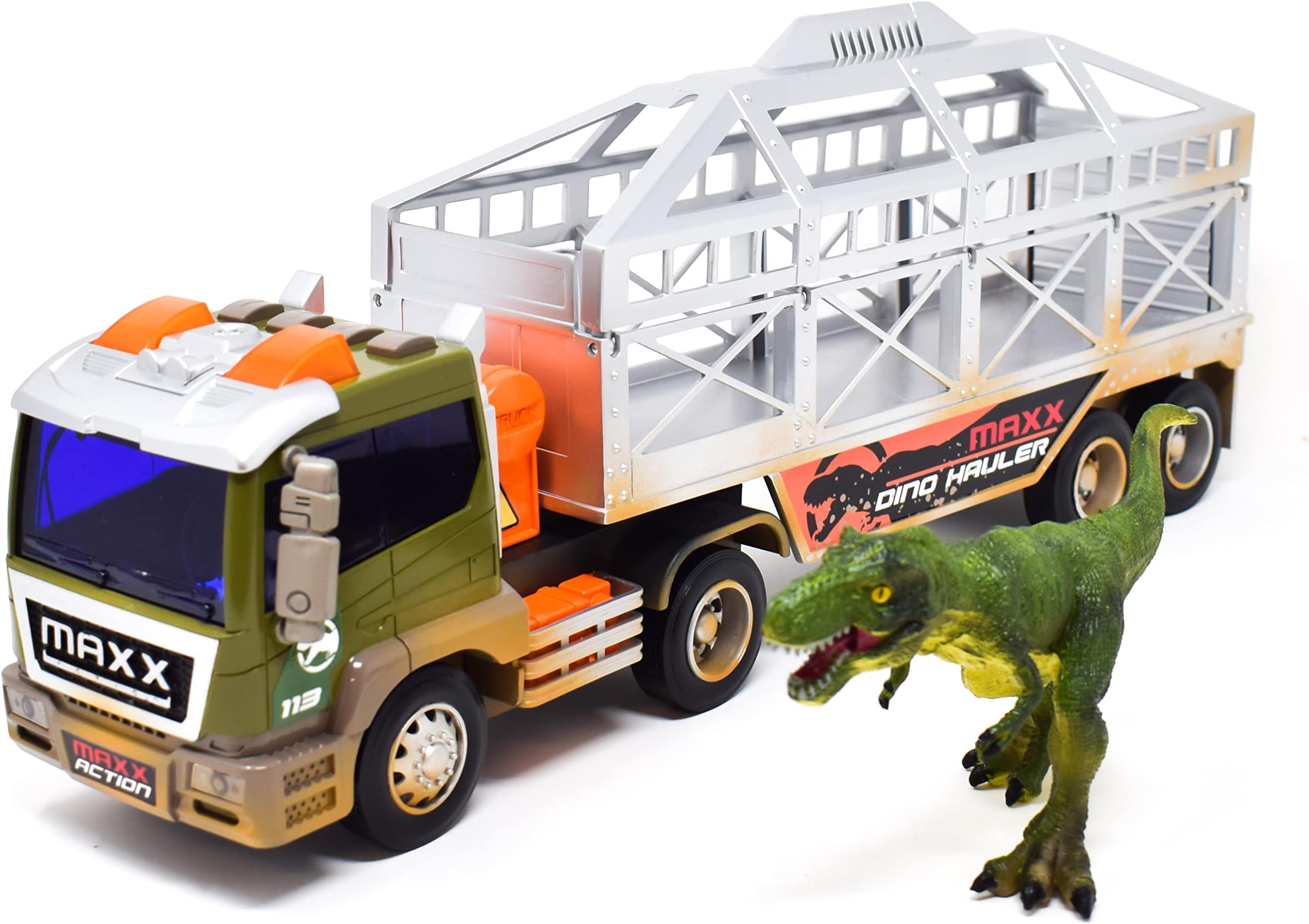 Sunny Days EntertainmentMaxx Action Long Haul Dinosaur Transport Truck & Trailer - 3 Piece Vehicle Toy for Kids - Lights, Sounds and Friction Motor