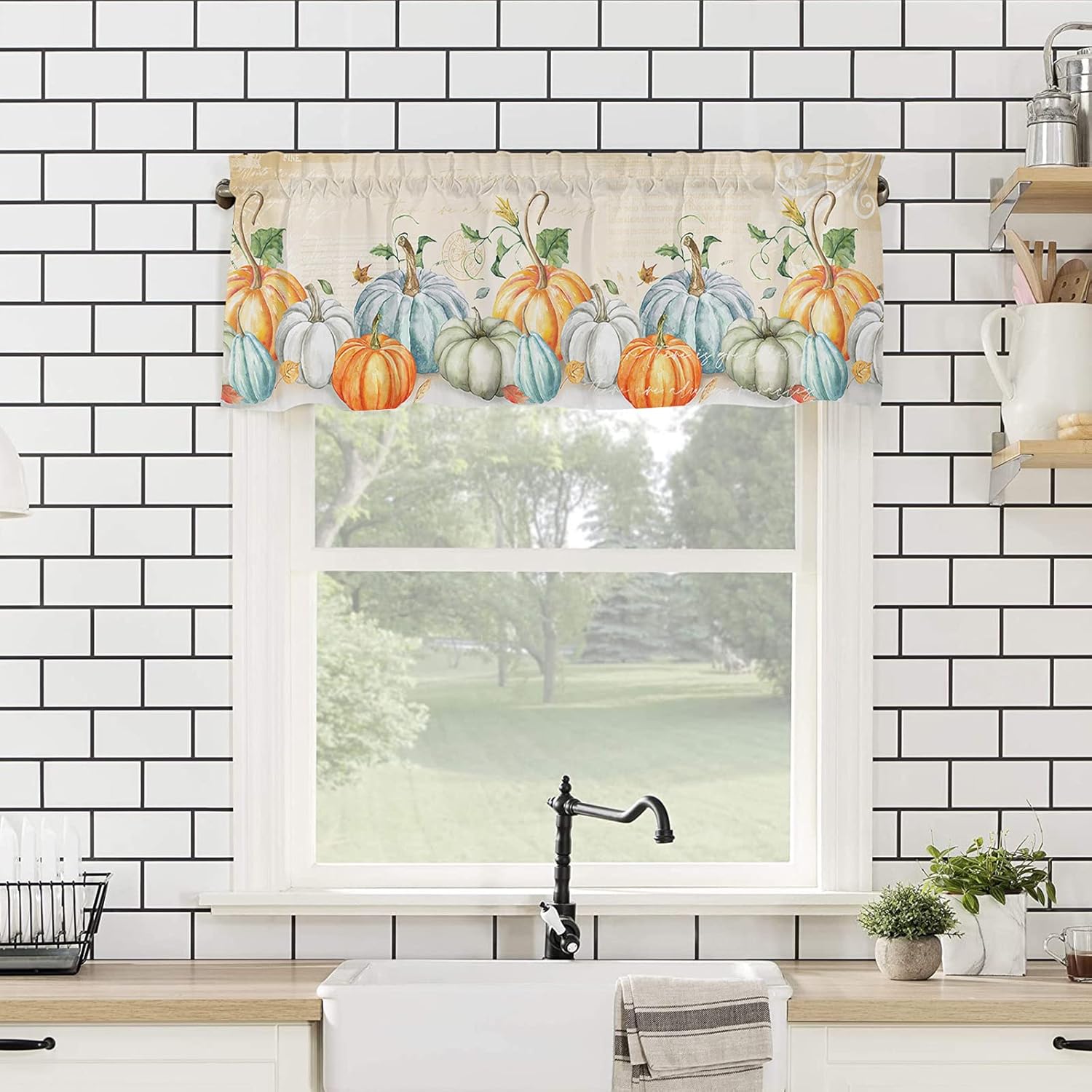 Fall Valances Curtains for Kitchen Thanksgiving Valance Watercolor Pumpkin Yellow Retro Background Kitchen Valance Short Curtains Rod Pocket Window Treatments for Bathroom Bedroom Windows 54x18 Inch