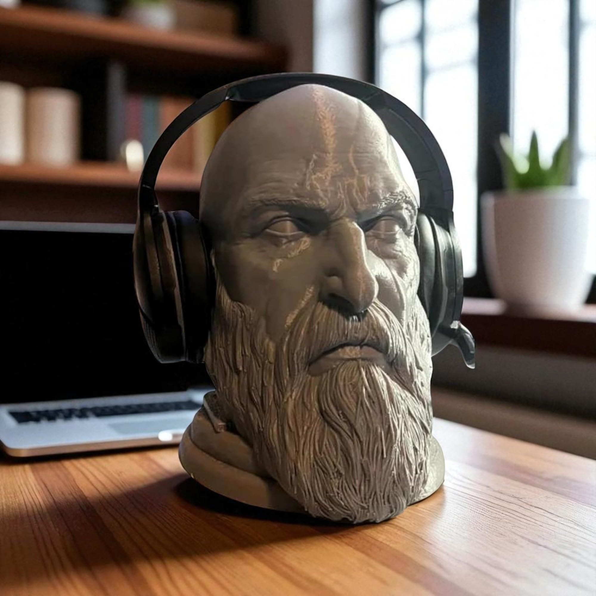 The Cube Mart God of War Kratos Headphone Stand – Gaming Headset Holder with Kratos Head Design – Durable Headphone Hanger for Gamers, Desk & Office Setup – Headset Display Stand