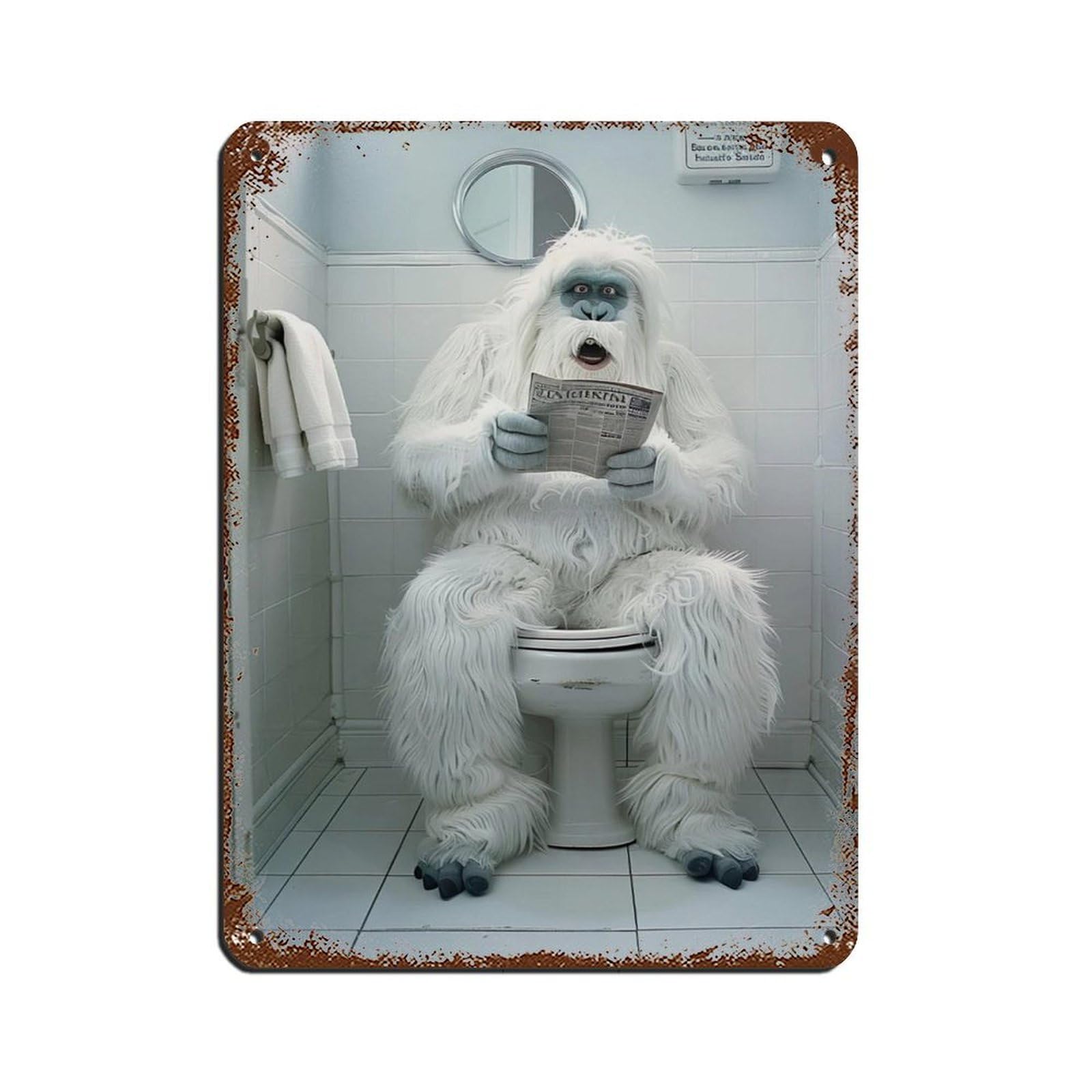 Yeti Sitting on The Toilet Reading A Newspaper (8) Retro Poster Metal Tin Sign Chic Art Retro Iron Painting Bar People Cave Cafe Family Garage Poster Wall Decoration 12x16inch(30x40cm)