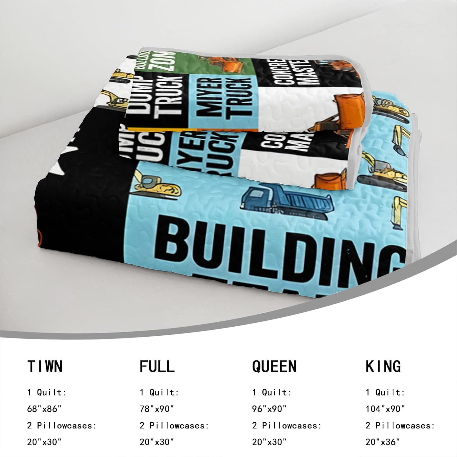 AILONEN Twin Quilted Comforter Set 3-Piece Construction Equipment Truck Bedspread Coverlet Lightweight Quilt for Kids Boys Excavator Soft Microfiber with 2 Pillowcases