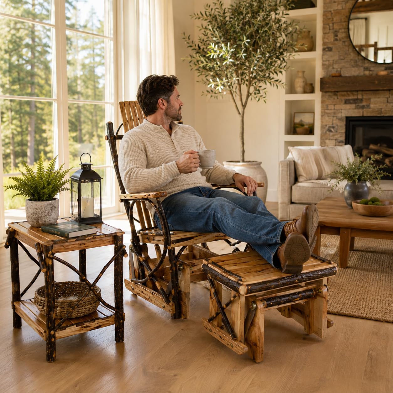 Rustic hickory glider and ottoman in a warm living room