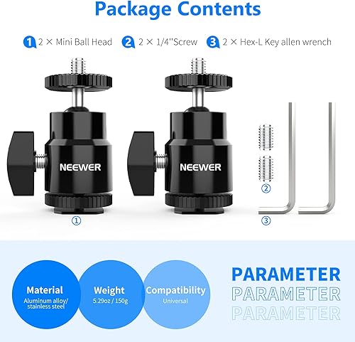 Miniatura 5 de NEEWER Mini cabezal de bola con zapata fría y tornillo de 1/4 de pulgada, paquete de 2, 360° giratorio de 90° con inclinación de 90°, adaptador de