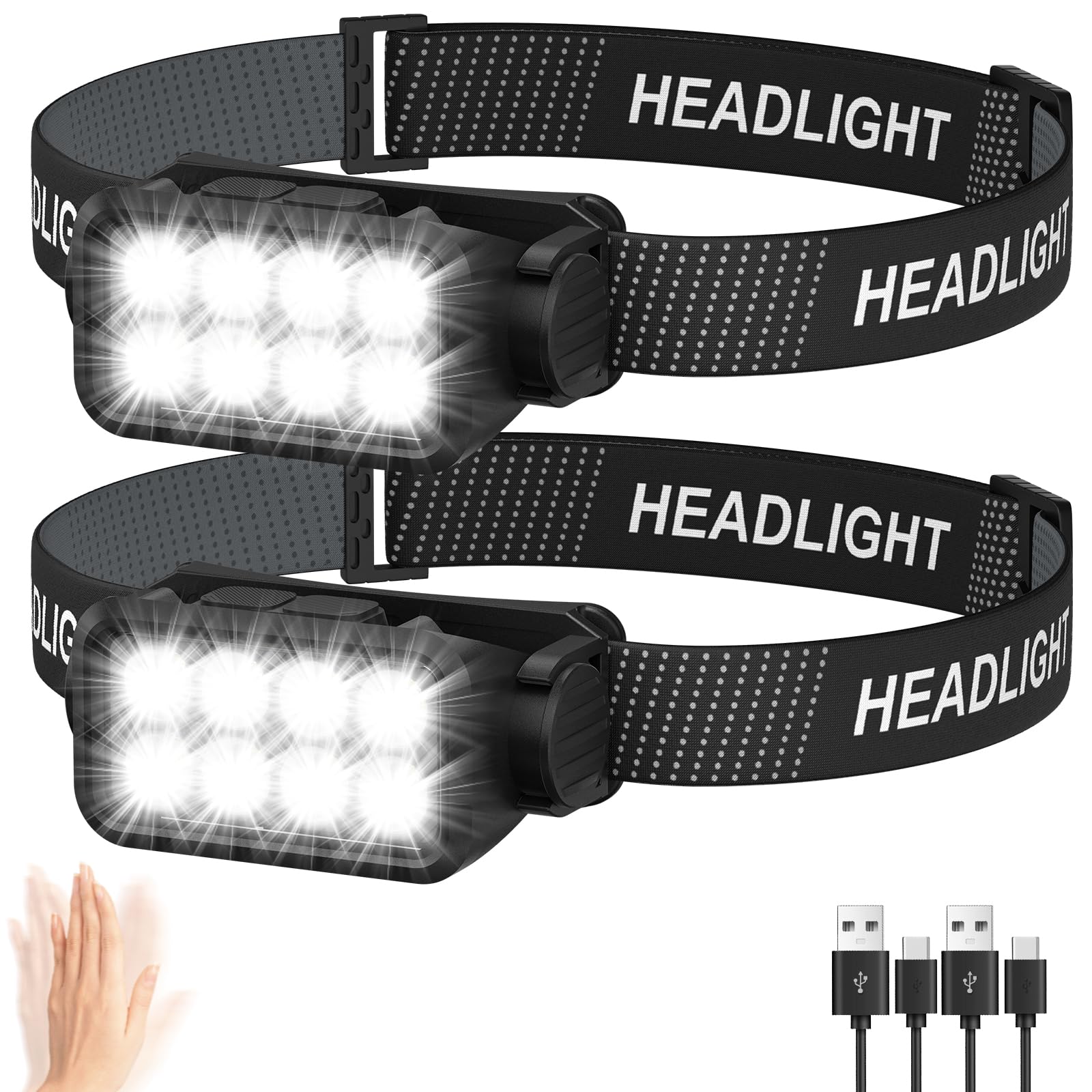 Head Torch Rechargeable 2-Pack, 8 LED 2500L Super Bright Headtorch with Motion Sensor, Waterproof & 10 Light Modes Headlamp Headlight, Long Runtime Head Lamp for Kids & Adults Camping Running Fishing-image-36