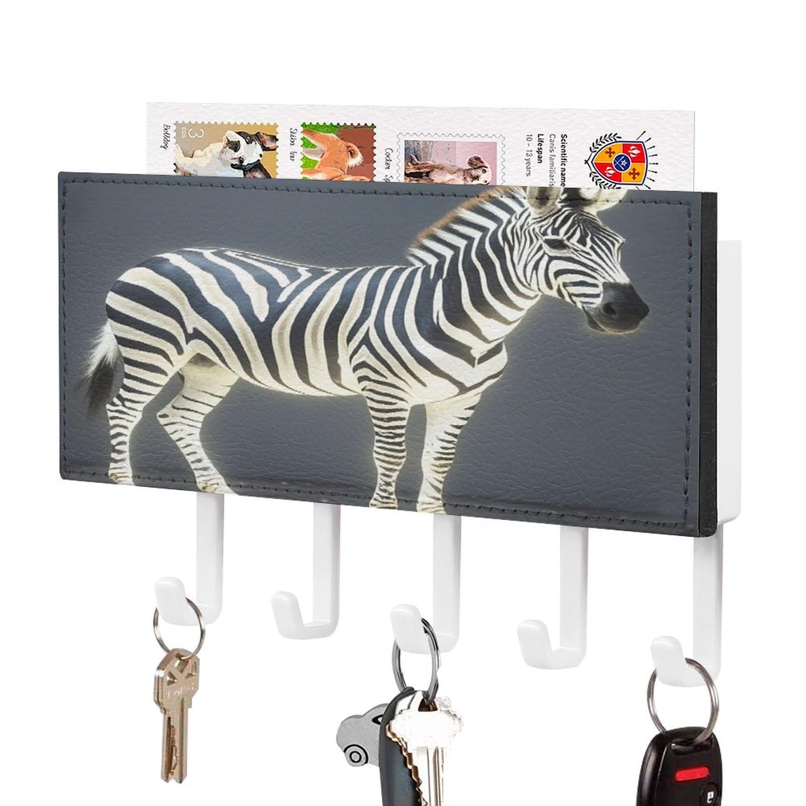 FekiLoot Glowing Zebra Key Holder Wall Mount Key and Mail Holder Key Hanger with 5 Hooks Decorative PU Key Rack Hanging Key Hooks for Wall Living Room Kitchen Bathroom Hallway White-Style