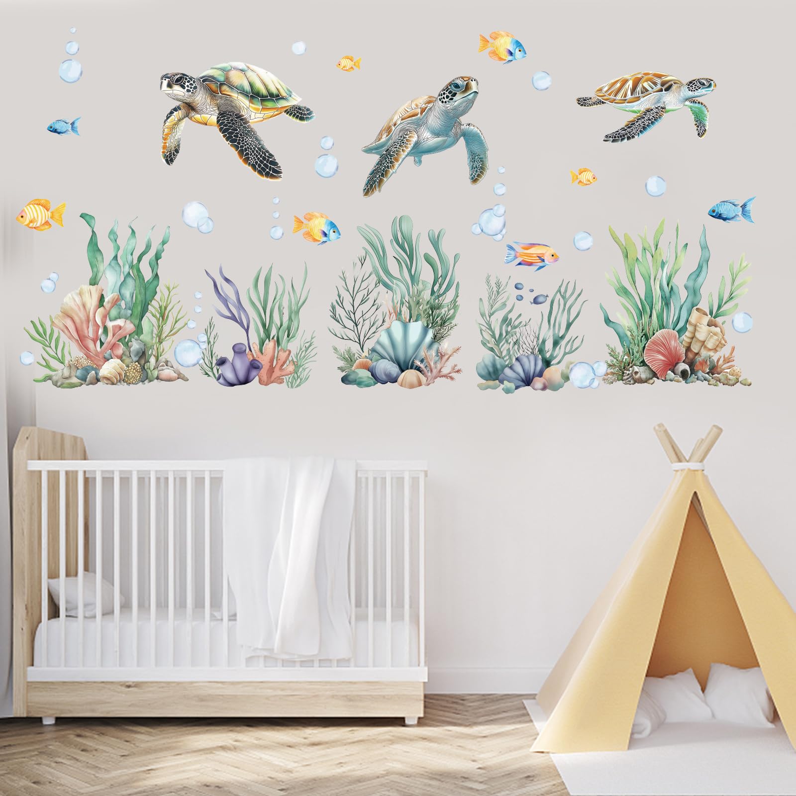 PLIGREAT 3 Sheets Watercolor Turtles Wall Stickers Seagrass Sea World Removable Vinyl Wall Decals for Kids Bedroom Reading Room Nursery Living Room Wall DIY Decorative Stickers - Image 4