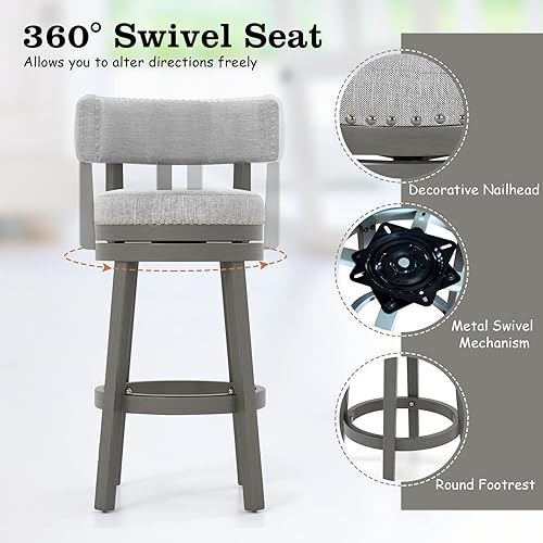 Miniatura 6 de COSTWAY Taburete de bar, taburete giratorio de 360 de 27 pulgadas con respaldo y asiento tapizados, patas de madera de goma maciza y reposapiés,