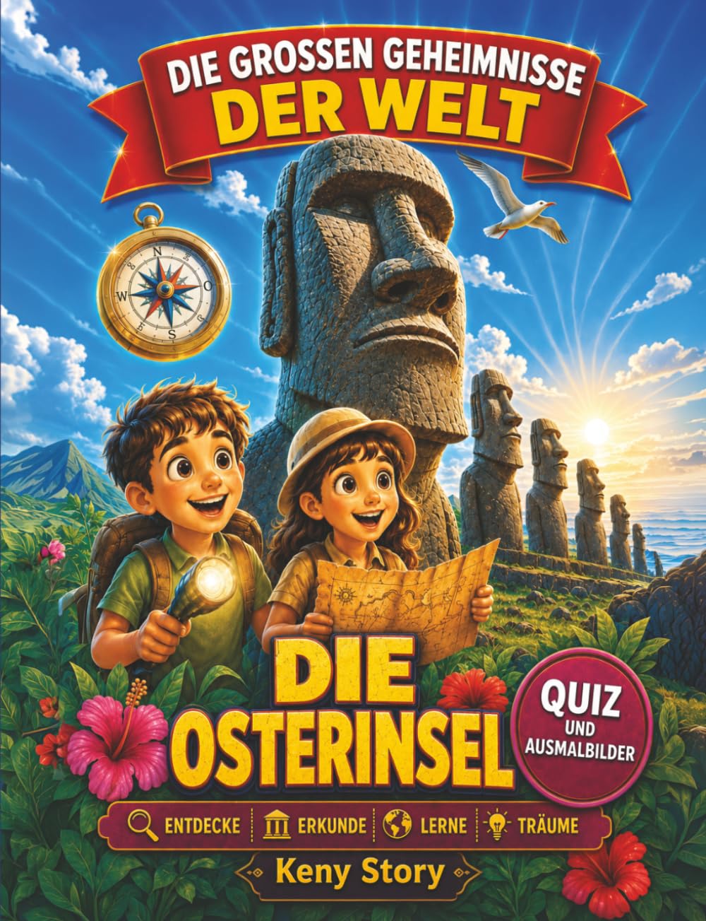 Die Osterinsel: Die wahre Geschichte hinter dem Geheimnis: Moai-Statuen, Rapa Nui, Pazifikinsel, Vulkane, Ahnenkult, verschwundener Wald, alte Traditionen, Quiz und Ausmalbilder für Kinder