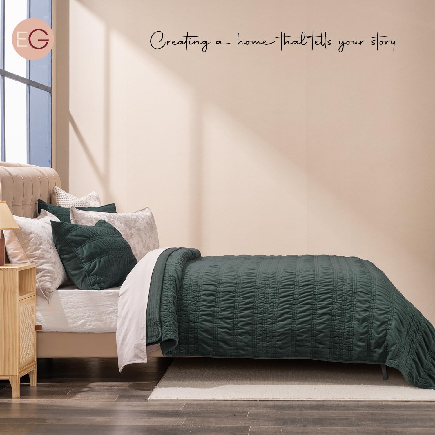 EVERGRACE Velvet Quilt King Size, Luxury Velvet Bedding Set, Ultra Soft Ruched Quilt Sets, Lightweight Comforter Vintage Textured Bedspread Coverlet with 2 Shams for All Season, Dark Green - Image 4