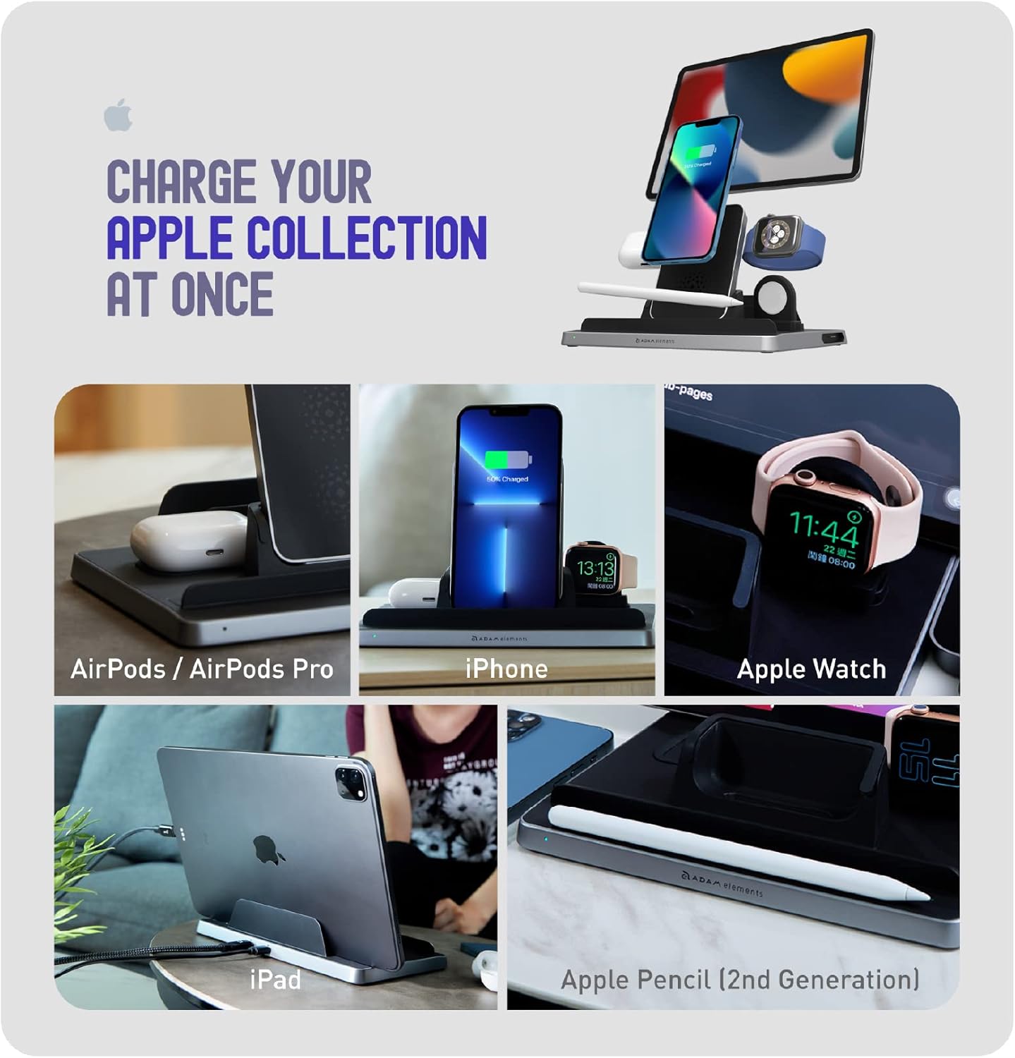 ADAM elements Omnia Q5 charging station with iPhone, Apple Watch, AirPods, Apple Pencil, and iPad