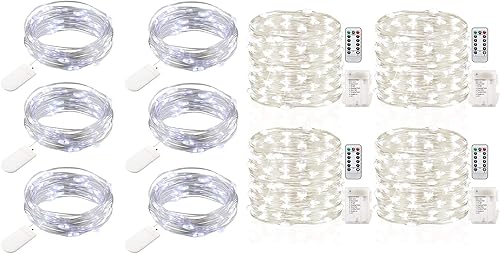 GDEALER Paquete de 6 guirnaldas de 20 luces LED de 7.2 pies, funciona con pilas, color blanco frío y paquete de 4 unidades de 16.4 pies, 50 luces