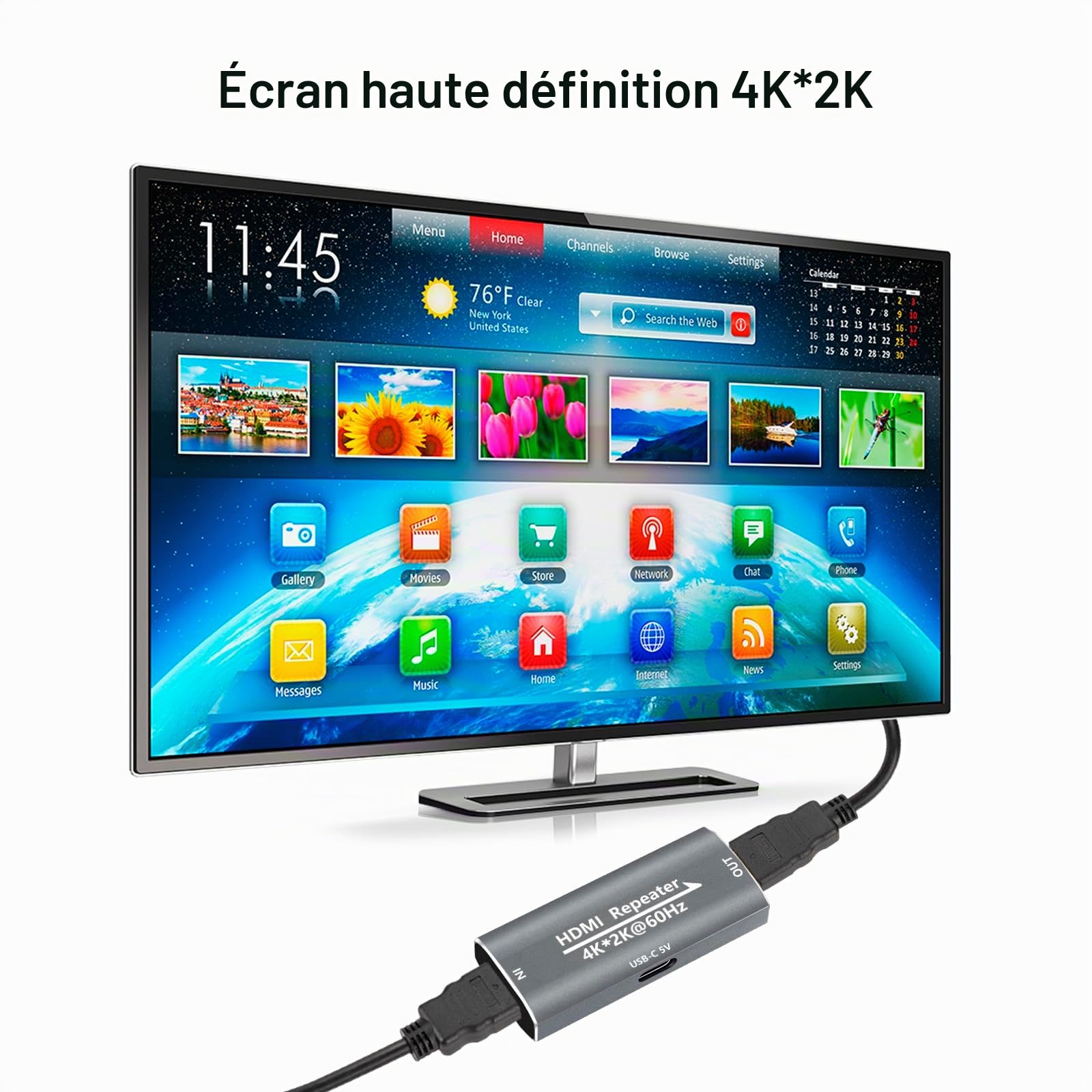 Amplificateur de signal HDMI répéteur – 4K @ 60 Hz 25 m/1080p 44 m rallonge, rallonge HDMI femelle vers femelle Plug & Play, pour jeu/home cinéma/bureau avec port d'alimentation USB-C