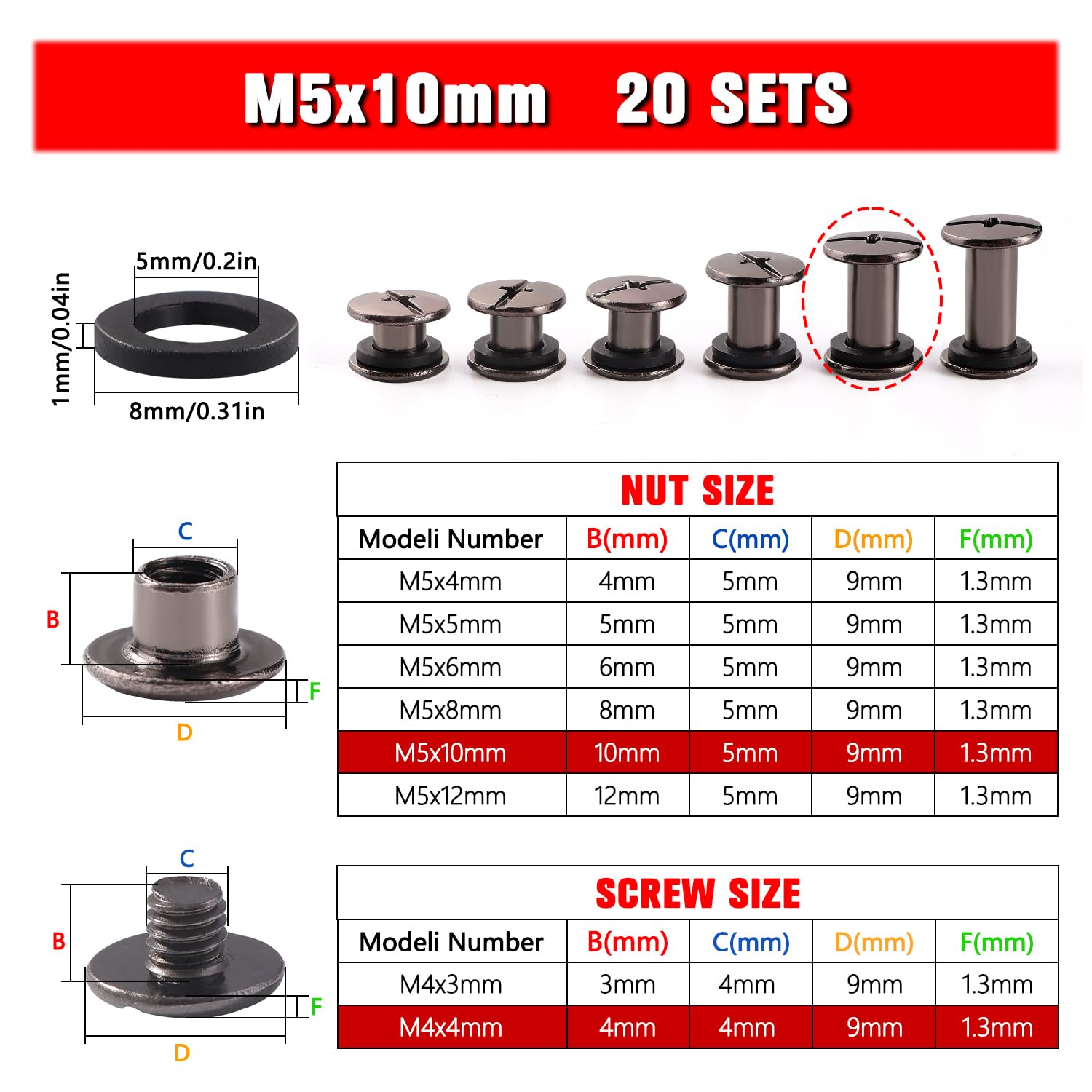 YIXISI 20 Set M5x10mm Chicago Binding Screws Kit, Book Binding Rivets, Leather Rivets, Binding Screws Posts - Image 2