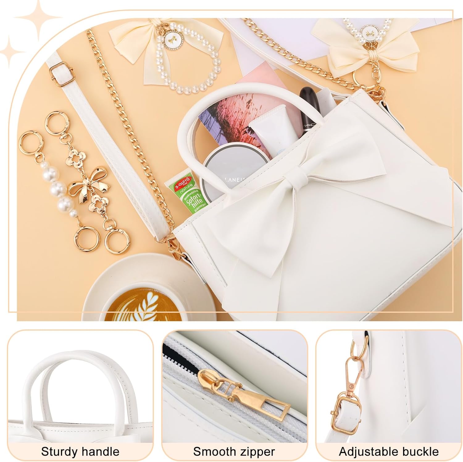 Booson 5 Pack White Purse for Women Bow Leather Crossbody Bag with Extender Chain Adjustable Shoulder Strap