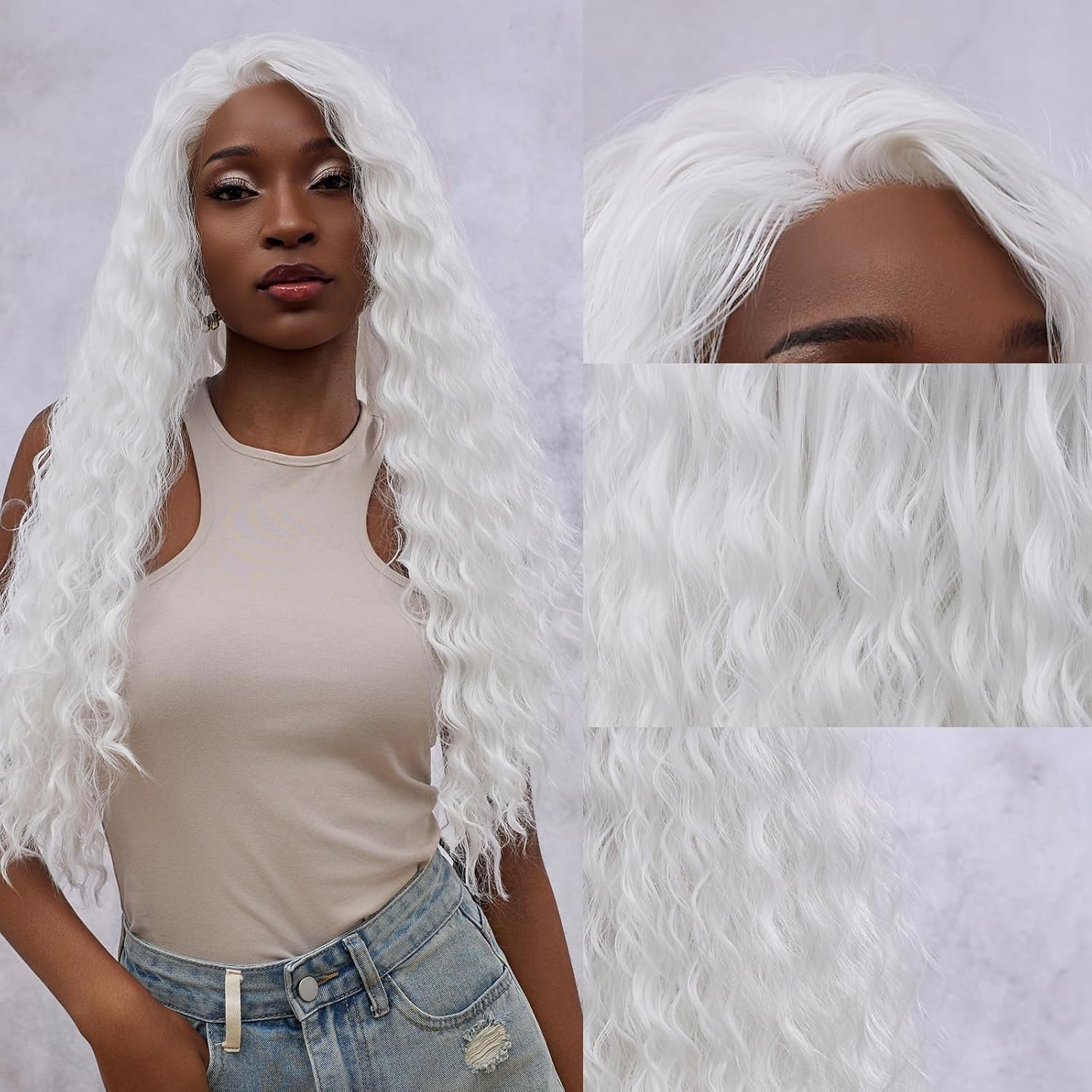 Long White Synthetic Lace Front Ready to Wear and Go Real Human Hair Deep Wave Half Wig, 27.6in Natural Glueless Curly Headband Wavy Wigs for Women(White)