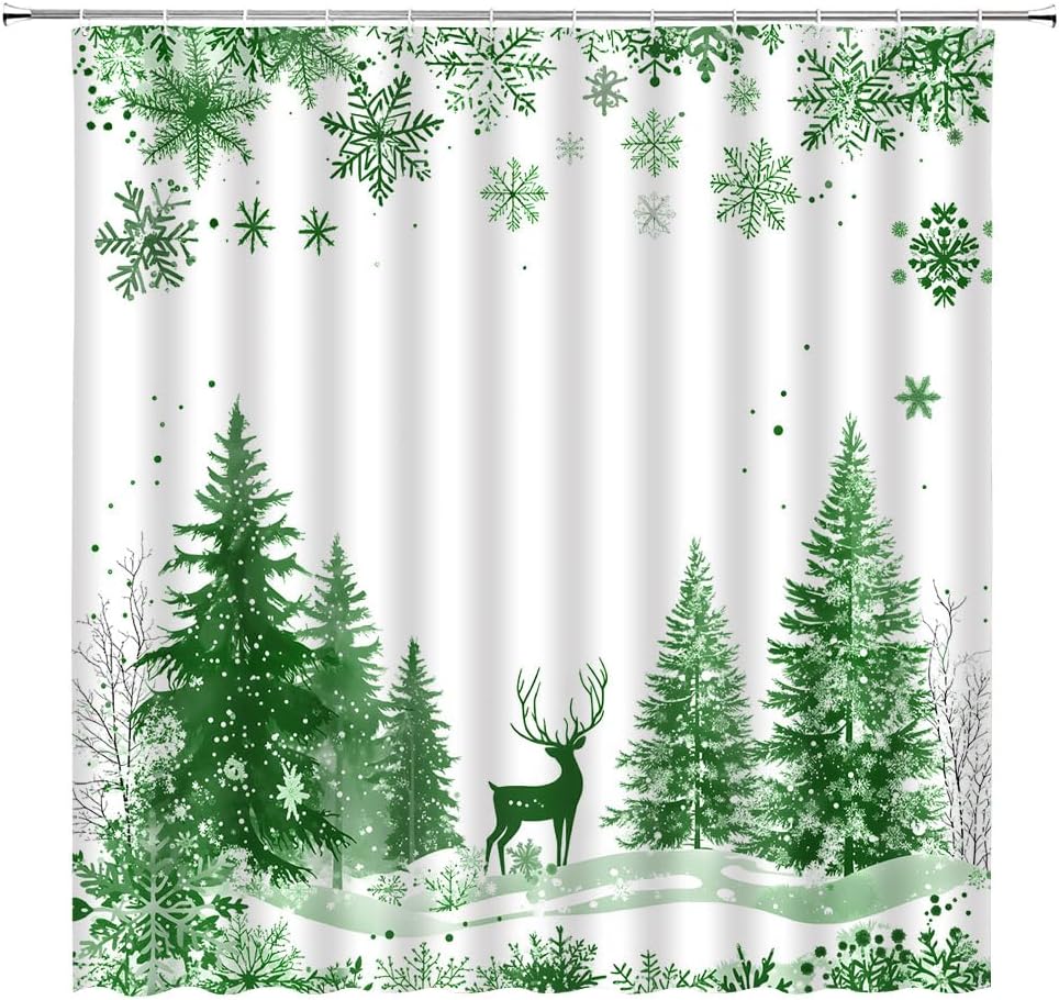 Pink Christmas Snowflake Shower Curtain Winter Forest Deer Pine Tree Cute Grey White Xmas Holiday Fabric Bathroom Decor Curtains with Hooks,70 x 82