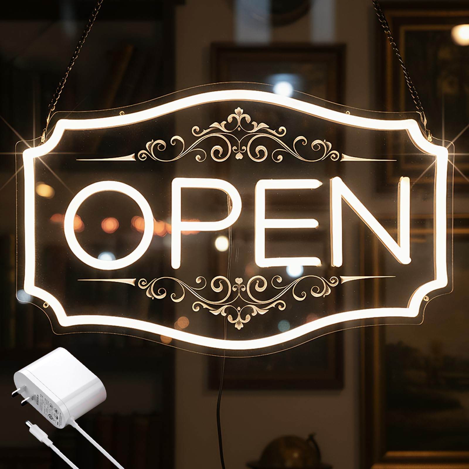 Photo 1 of 22" x 13" Open Sign for Business, LED Dimmable Neon Open Sign with 12V/2A Adapter, Warm White, Bright LED to Light Up Storefronts, Windows & Walls