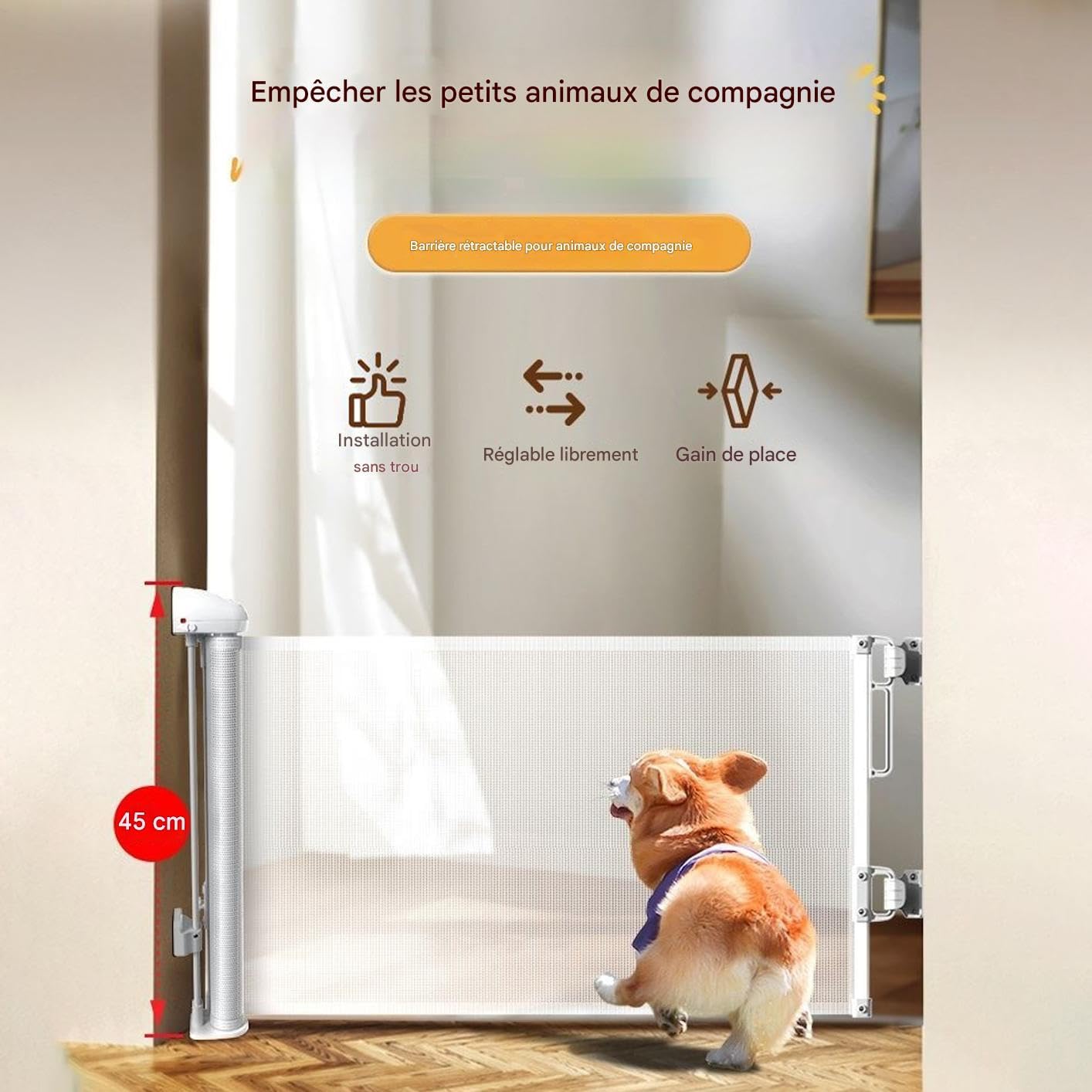 Barrera Escamotable para Animales, De Seguridad 45x150 cm para Y Animales, Protección Escamotable para Puertas Perros Y Gatos, para Perros Interior Exterior Puertas