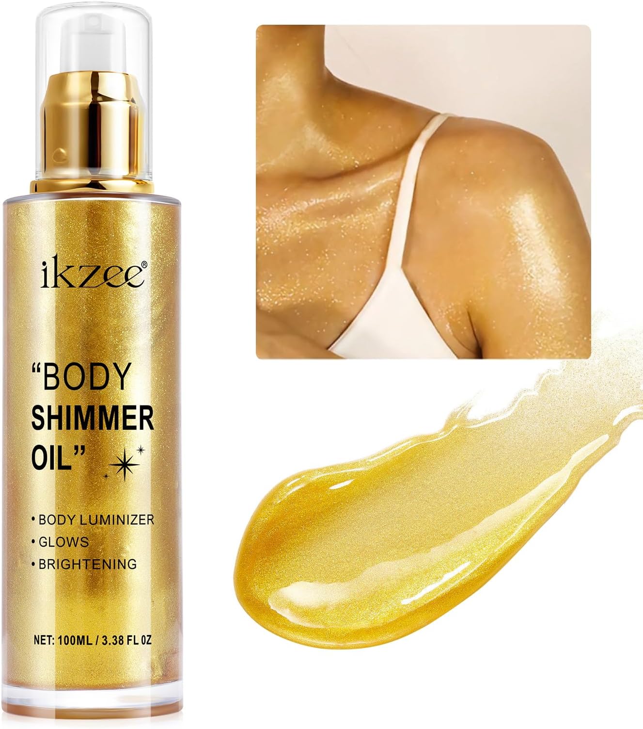 Body Shimmer Oil 100ml, Moisturizing Long Lasting Body Luminizer Face Brightener, Waterproof Liquid Illuminator, Shimmer Glow Highlighter Summer Glowing Tan Makeup (#02 Gold)